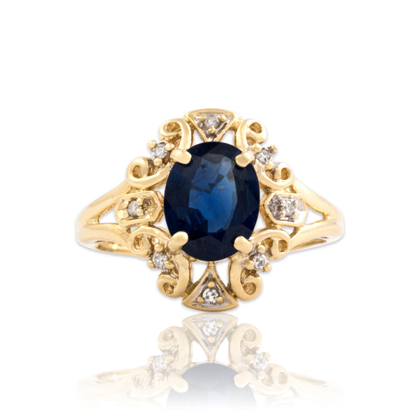 Vintage 14k Yellow Gold 1.64ct Blue Sapphire Diamond Scroll Halo Ring 7.25