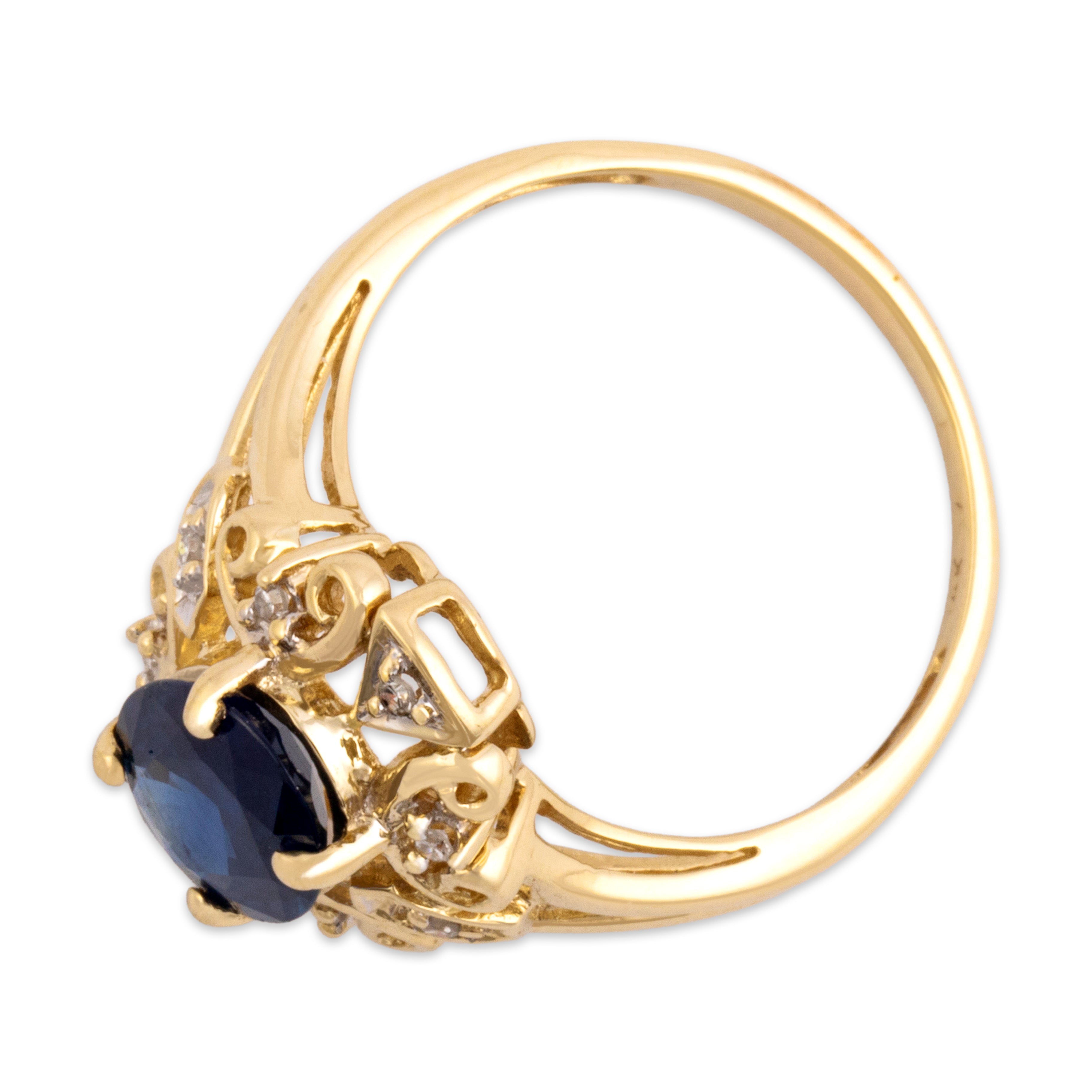 Vintage 14k Yellow Gold 1.64ct Blue Sapphire Diamond Ornate Scroll Halo Ring - Overall view