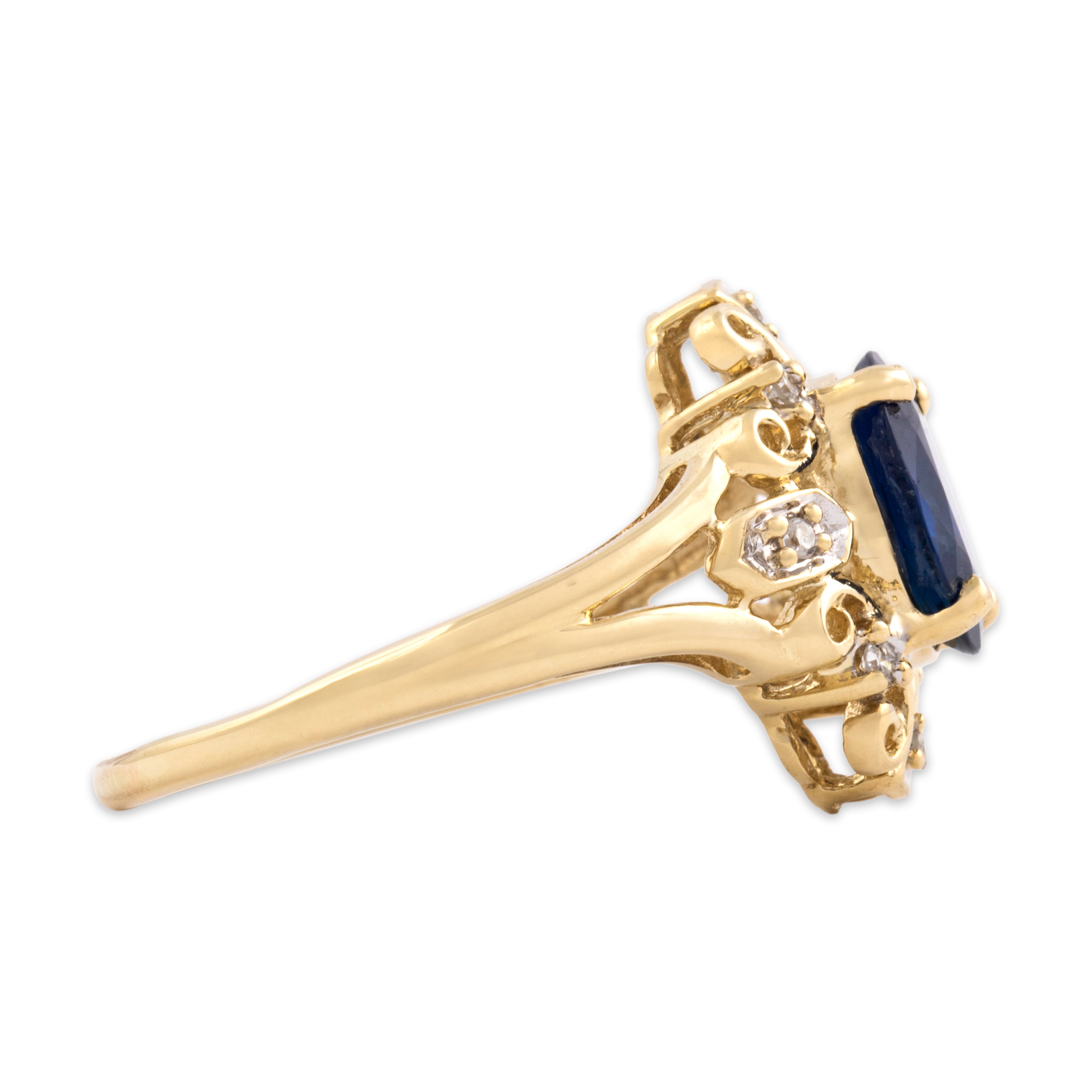 Vintage 14k Yellow Gold 1.64ct Blue Sapphire Diamond Ornate Scroll Halo Ring - Side view
