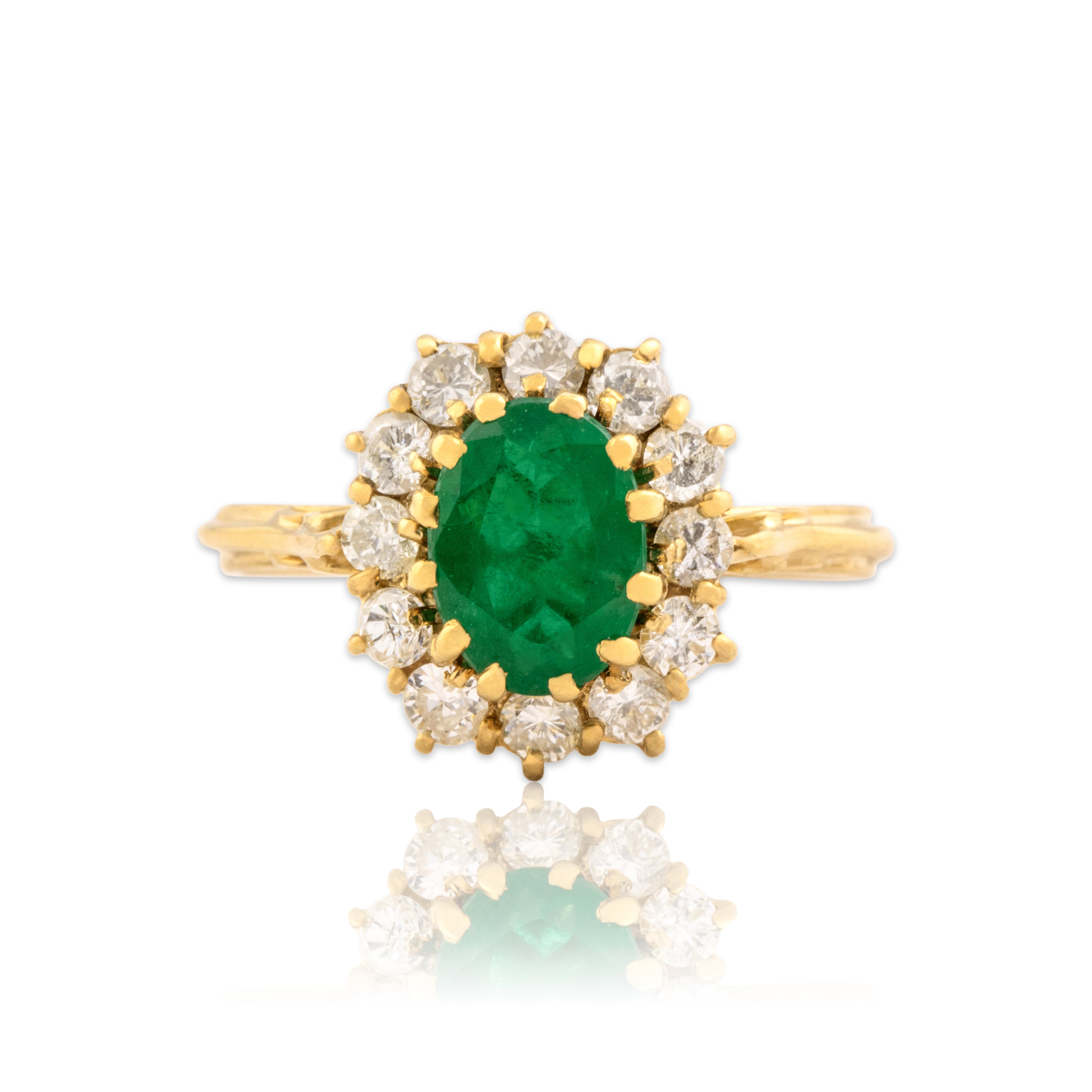 Vintage 18k Yellow Gold .77ct Emerald Diamond Classic Halo Scroll Shoulder Ring - Close-up view