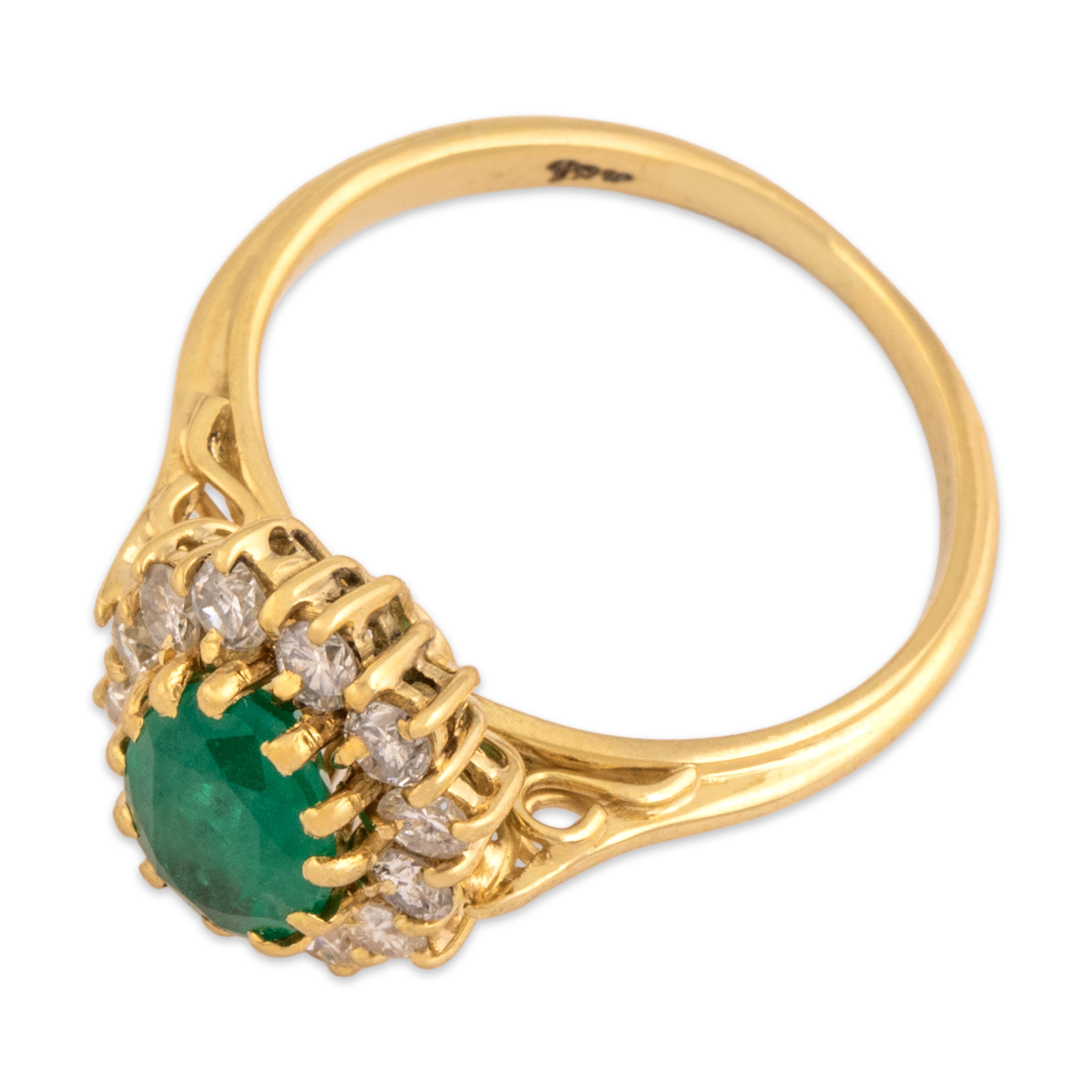 Vintage 18k Yellow Gold .77ct Emerald Diamond Classic Halo Scroll Shoulder Ring - Overall view