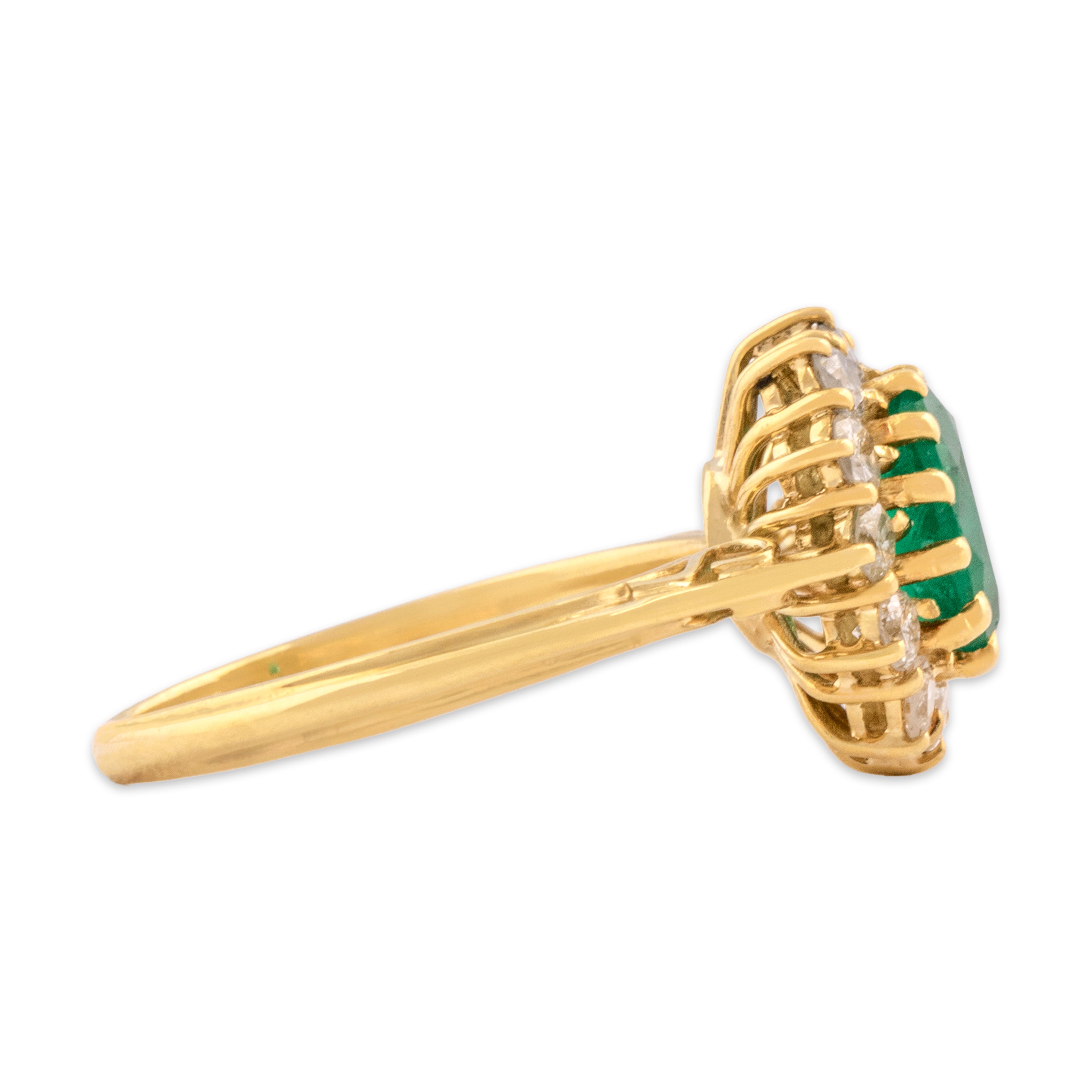Vintage 18k Yellow Gold .77ct Emerald Diamond Classic Halo Scroll Shoulder Ring - Side view