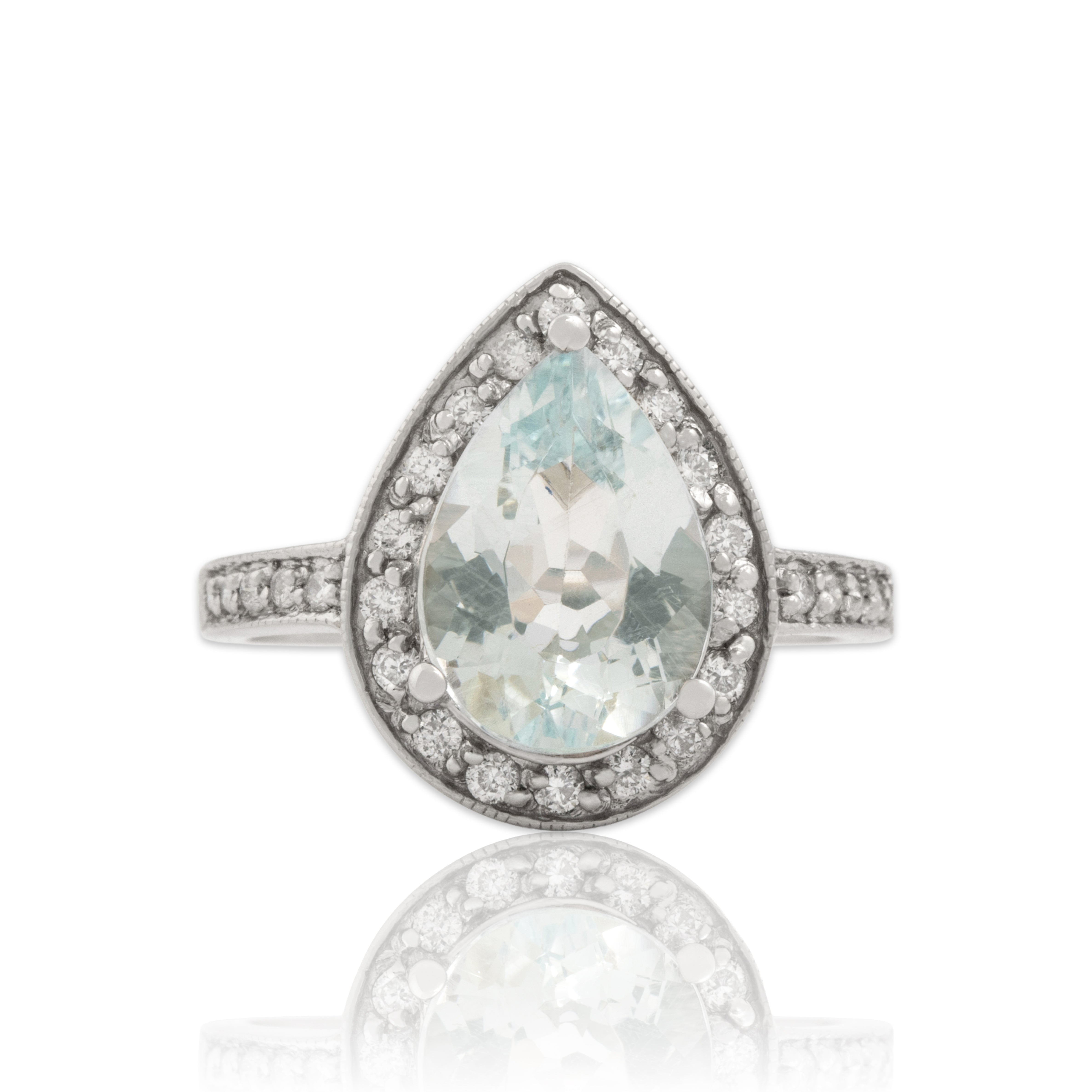 Vintage 18k White Gold 2.64ct Aquamarine Diamond Incredible Pear Halo Ring - Close-up view