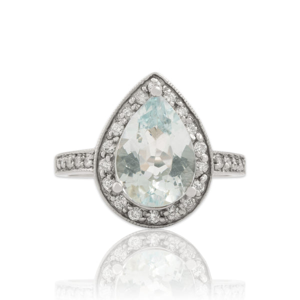 Vintage 18k White Gold 2.64ct Aquamarine Diamond Incredible Pear Halo Ring 6.25