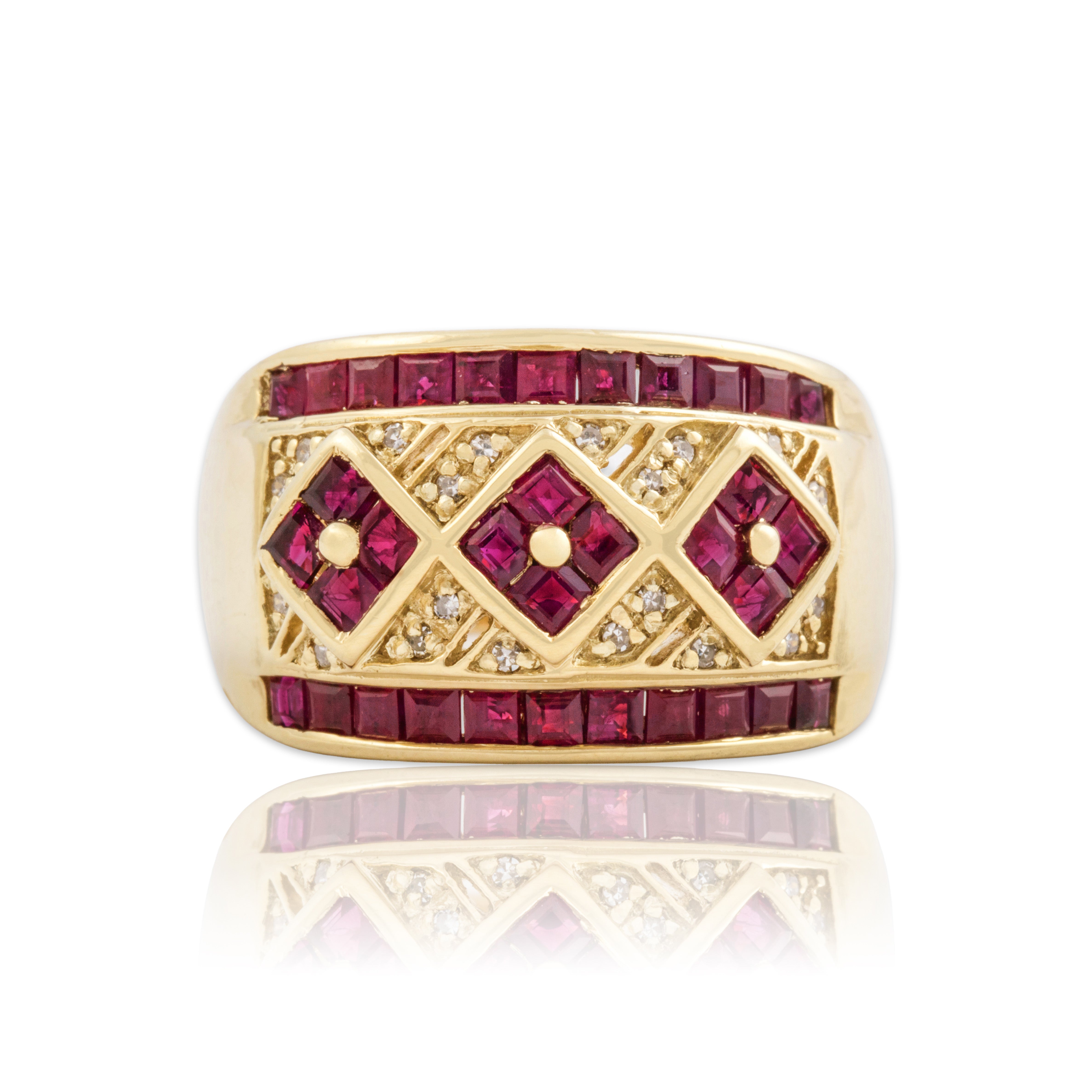 Vintage 14k Yellow Gold .9cttw Ruby Diamond Chunky Argyle Cigar Band Ring 8.75