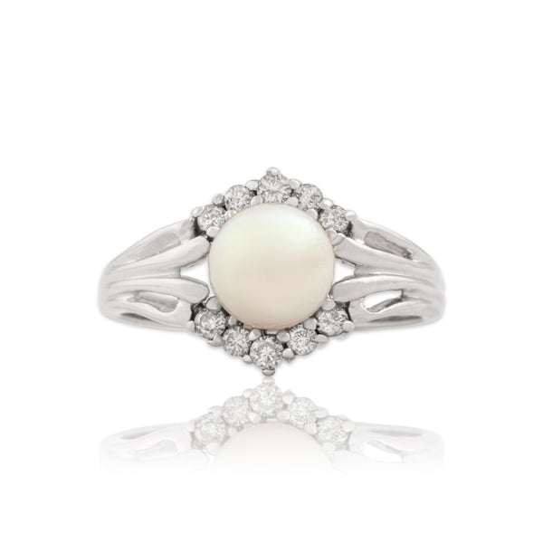 Vintage 14k White Gold Diamond Pearl Luminous Tiara Framed Split Shank Ring 6.00