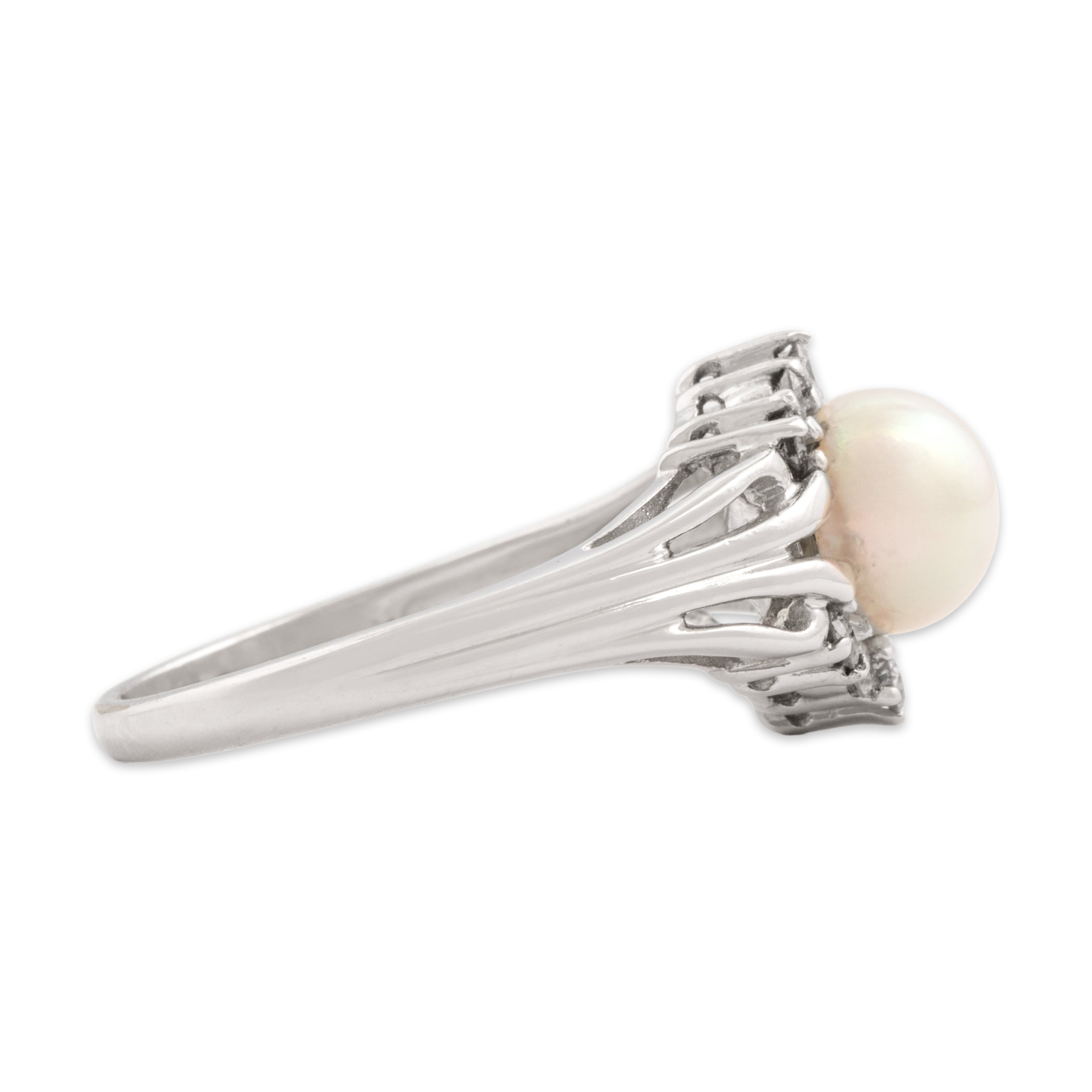 Vintage 14k White Gold Diamond Pearl Luminous Tiara Framed Split Shank Ring - Side view