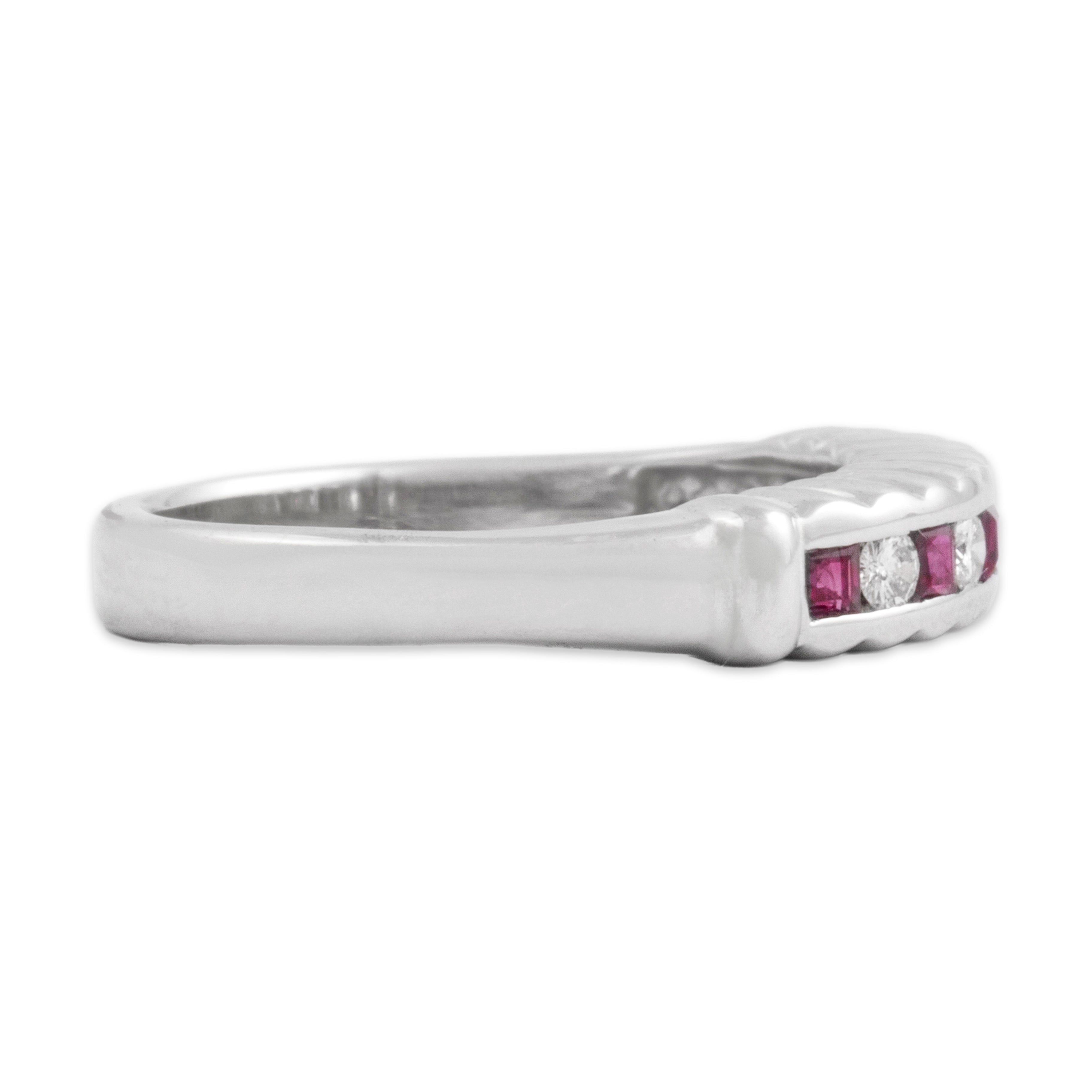 Vintage 14k White Gold Ruby Diamond Scallop Detail Channel Band Ring - Side view
