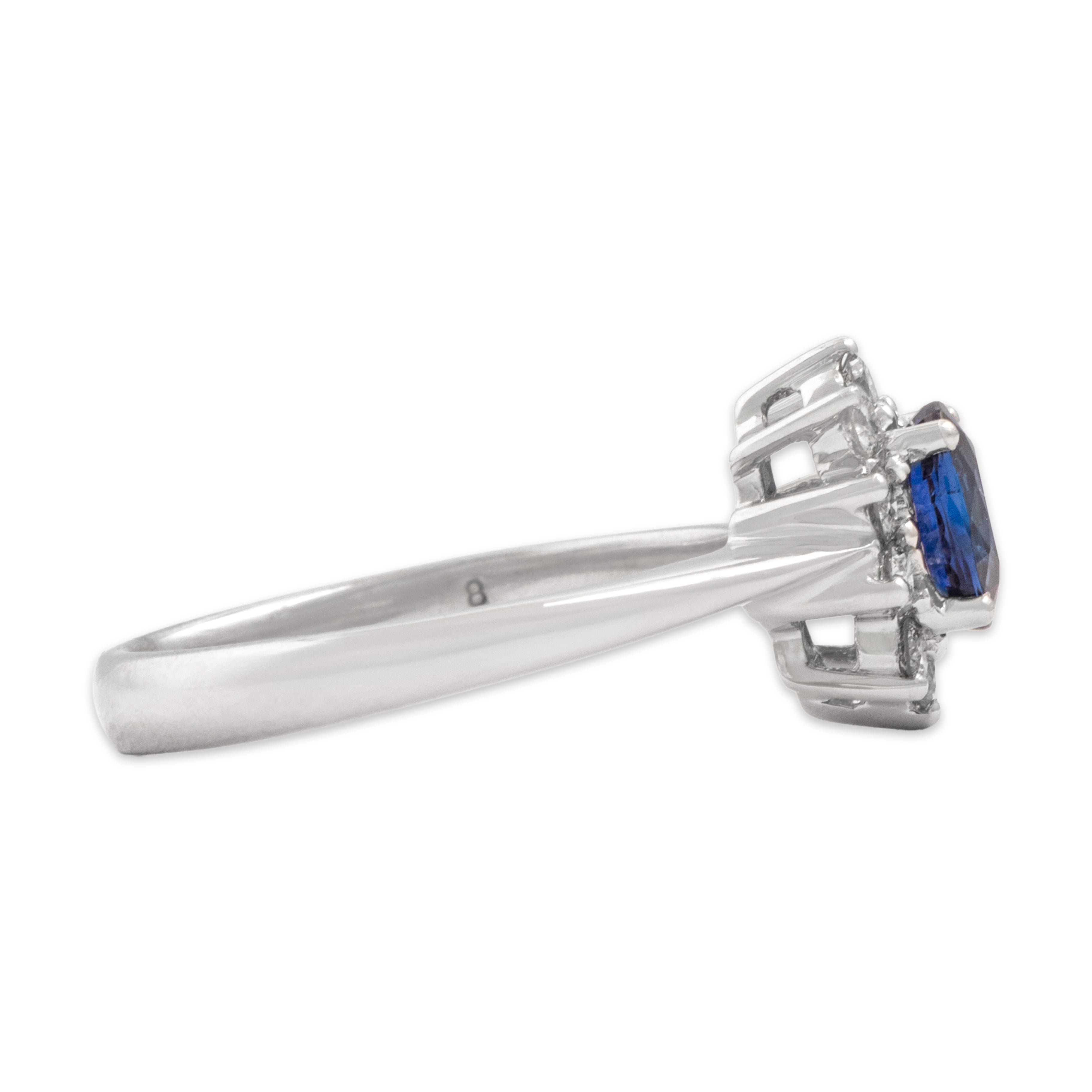 Vintage 18k White Gold .77ct Blue Sapphire Diamond Refined Classic Halo Ring - Side view