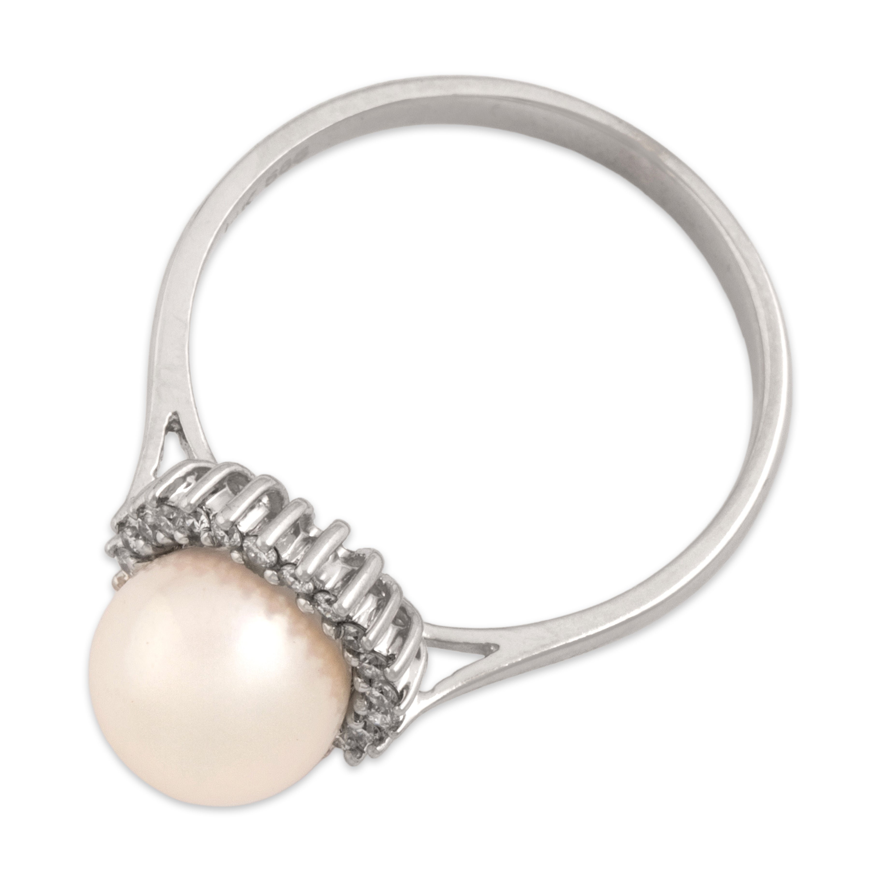 Vintage 14k White Gold Pearl Diamond Elegant Luminous Halo Ring - Overall view