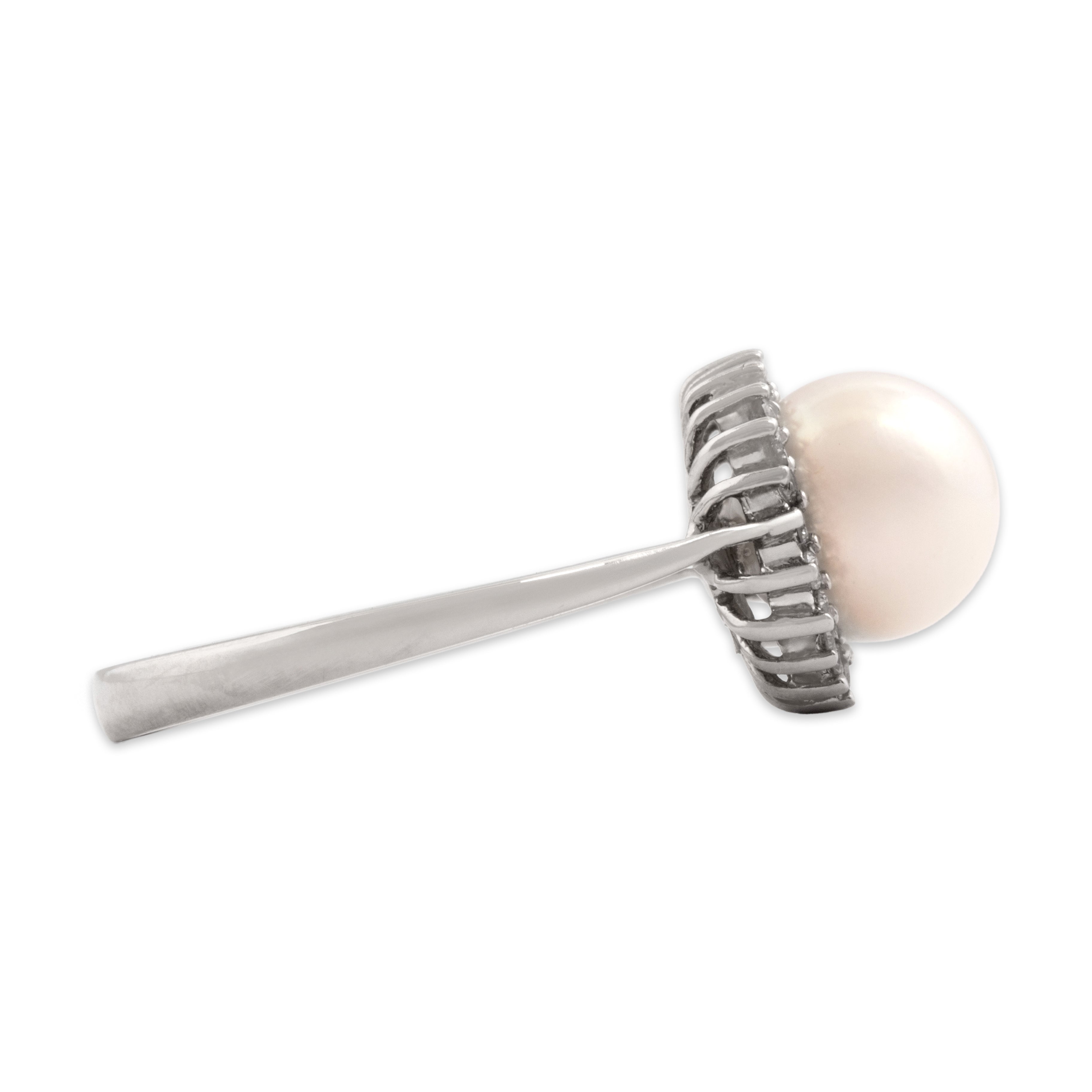 Vintage 14k White Gold Pearl Diamond Elegant Luminous Halo Ring - Side view