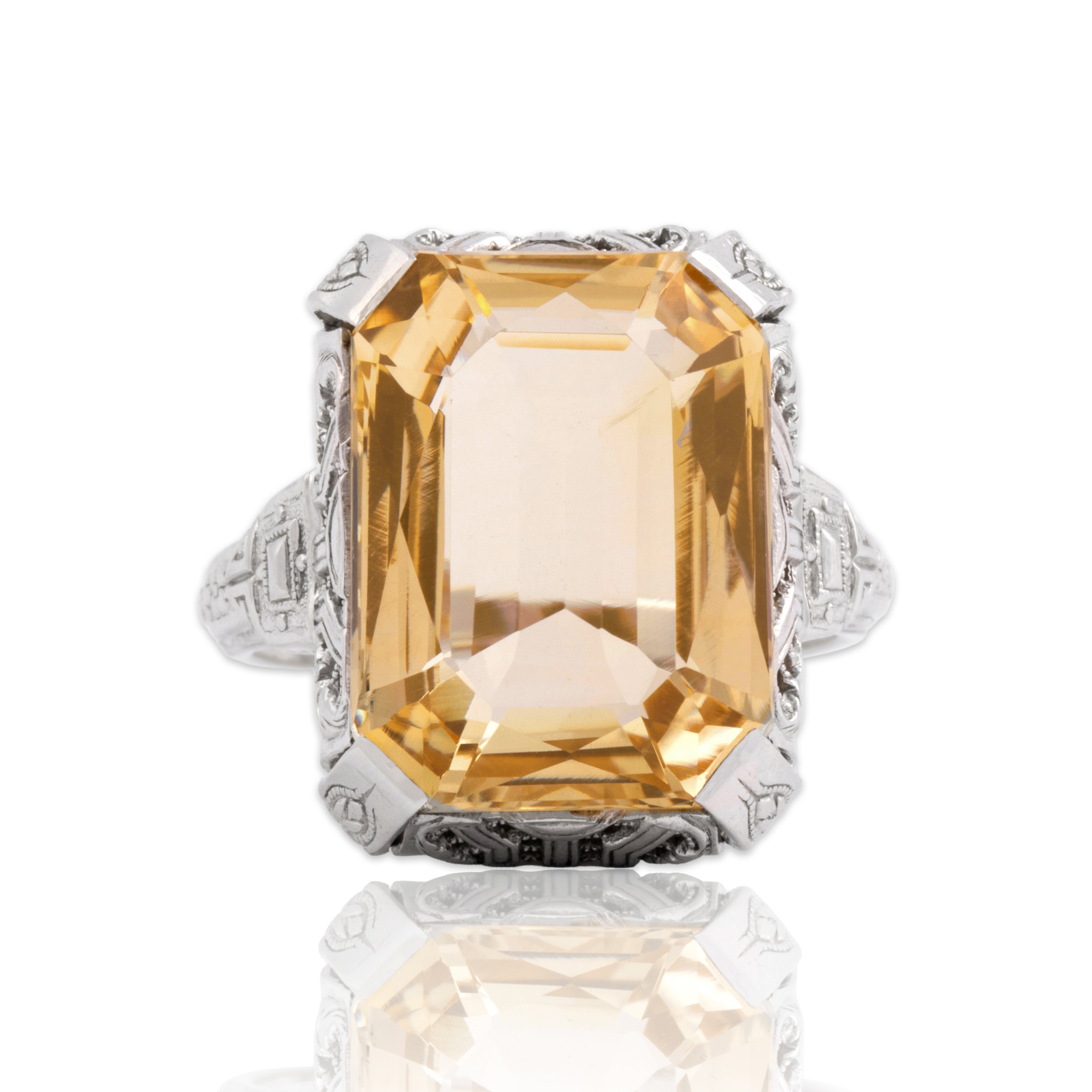 Antique Art Deco 14k White Gold 8.71ct Citrine Blossom Detail Openwork Ring 7.00