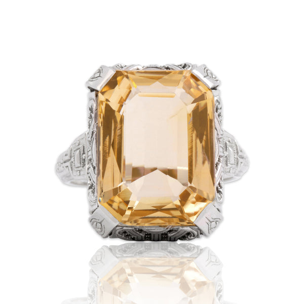 Antique Art Deco 14k White Gold 8.71ct Citrine Blossom Detail Openwork Ring 7.00
