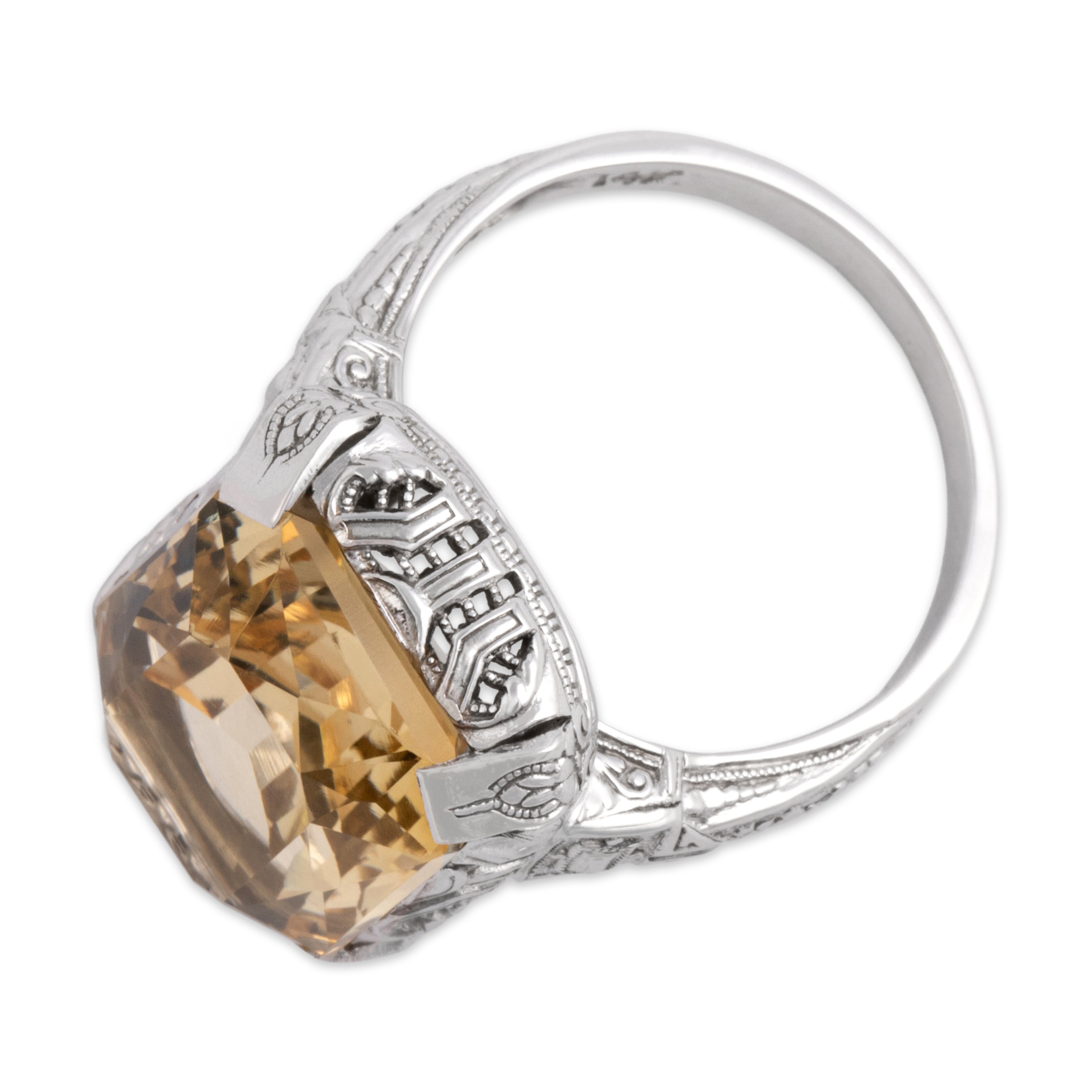 Antique Art Deco 14k White Gold 8.71ct Citrine Intricate Blossom Detail Geometric Openwork Ring - Overall view