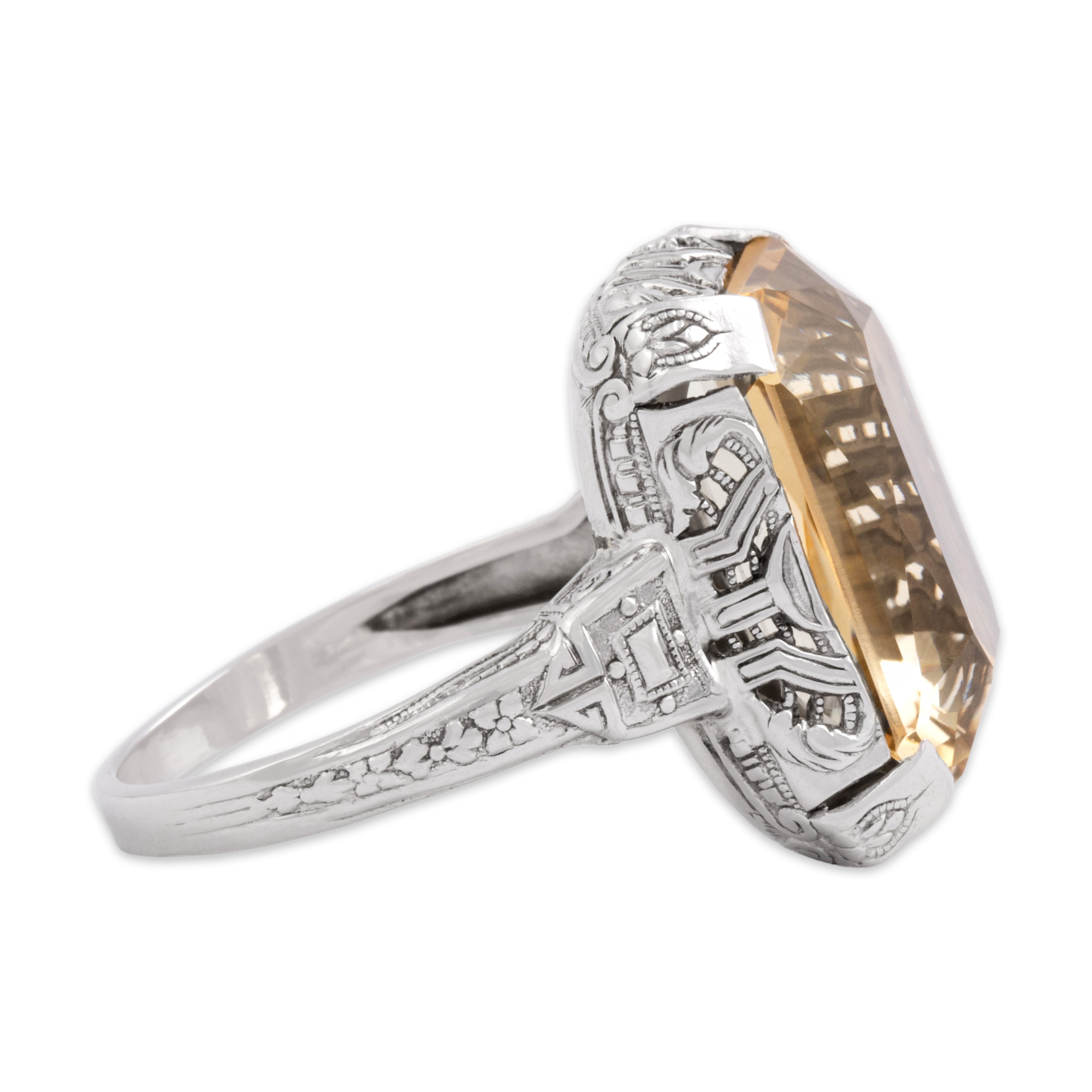 Antique Art Deco 14k White Gold 8.71ct Citrine Intricate Blossom Detail Geometric Openwork Ring - Side view