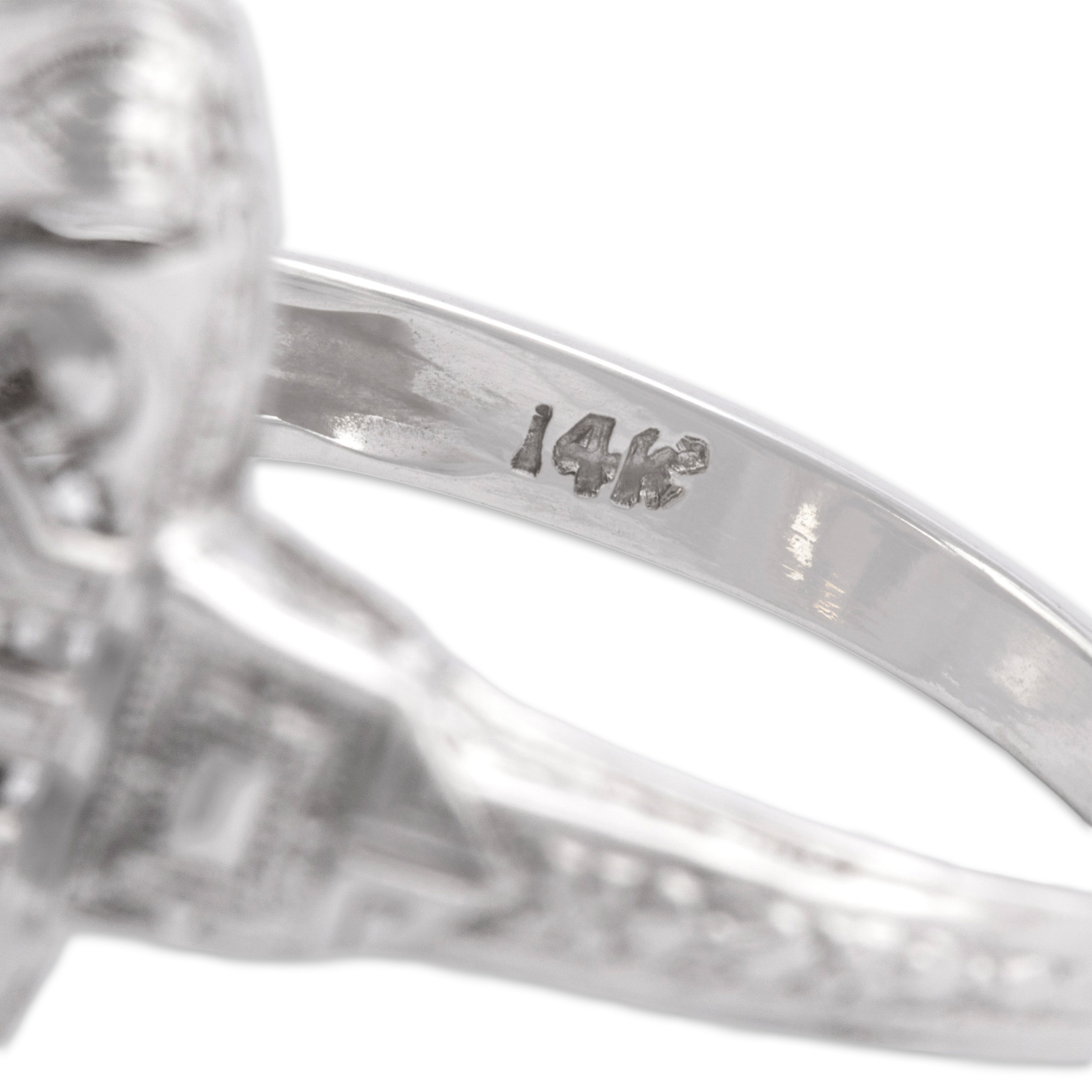 Antique Art Deco 14k White Gold 8.71ct Citrine Intricate Blossom Detail Geometric Openwork Ring - Hallmark view