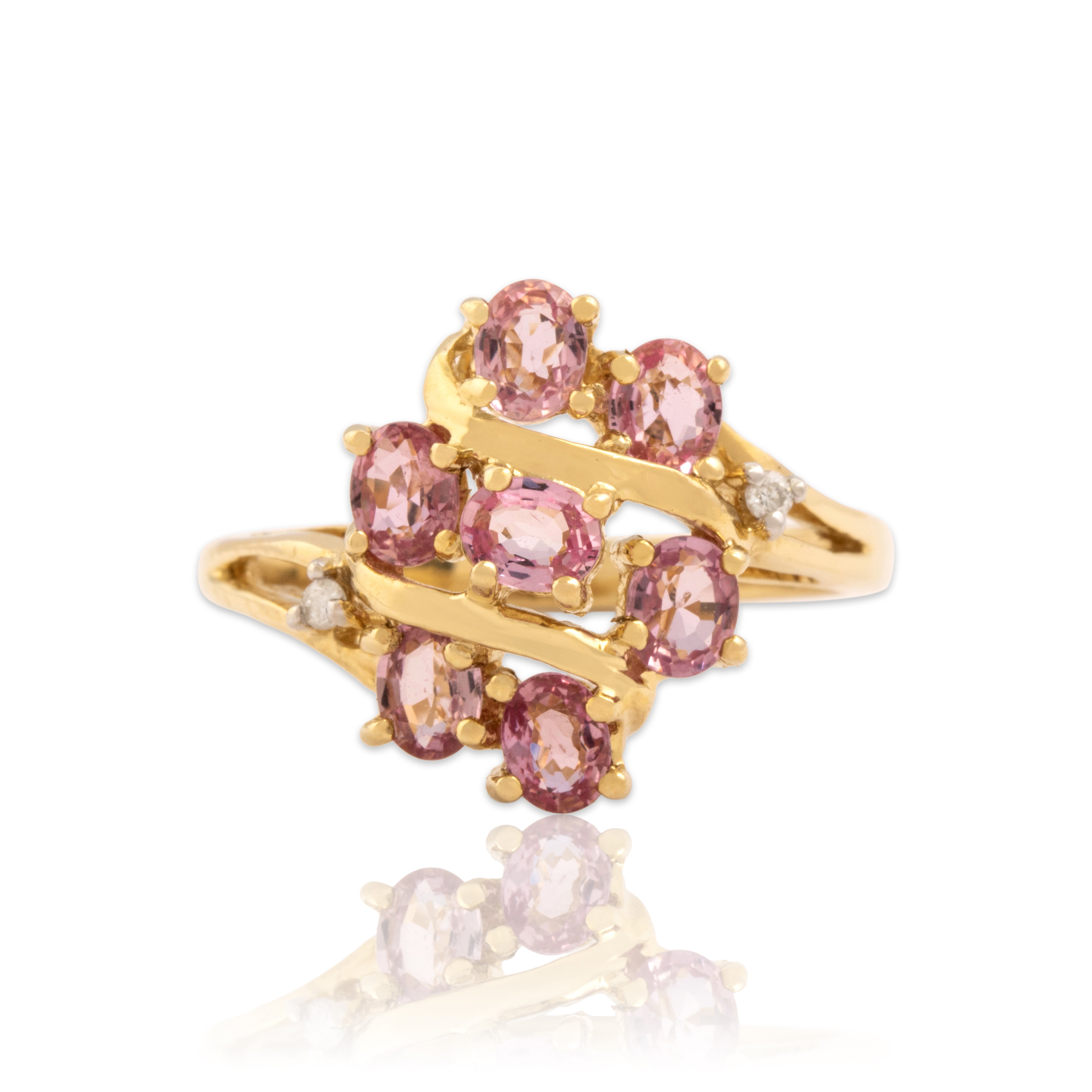 Vintage 14k Yellow Gold 1.19cttw Pink Sapphire Diamond Sweeping Bypass Ring 7.00