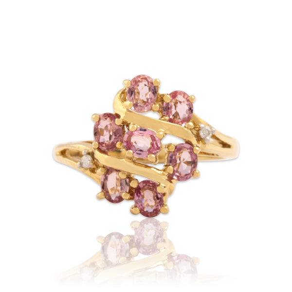 Vintage 14k Yellow Gold 1.19cttw Pink Sapphire Diamond Sweeping Bypass Ring 7.00