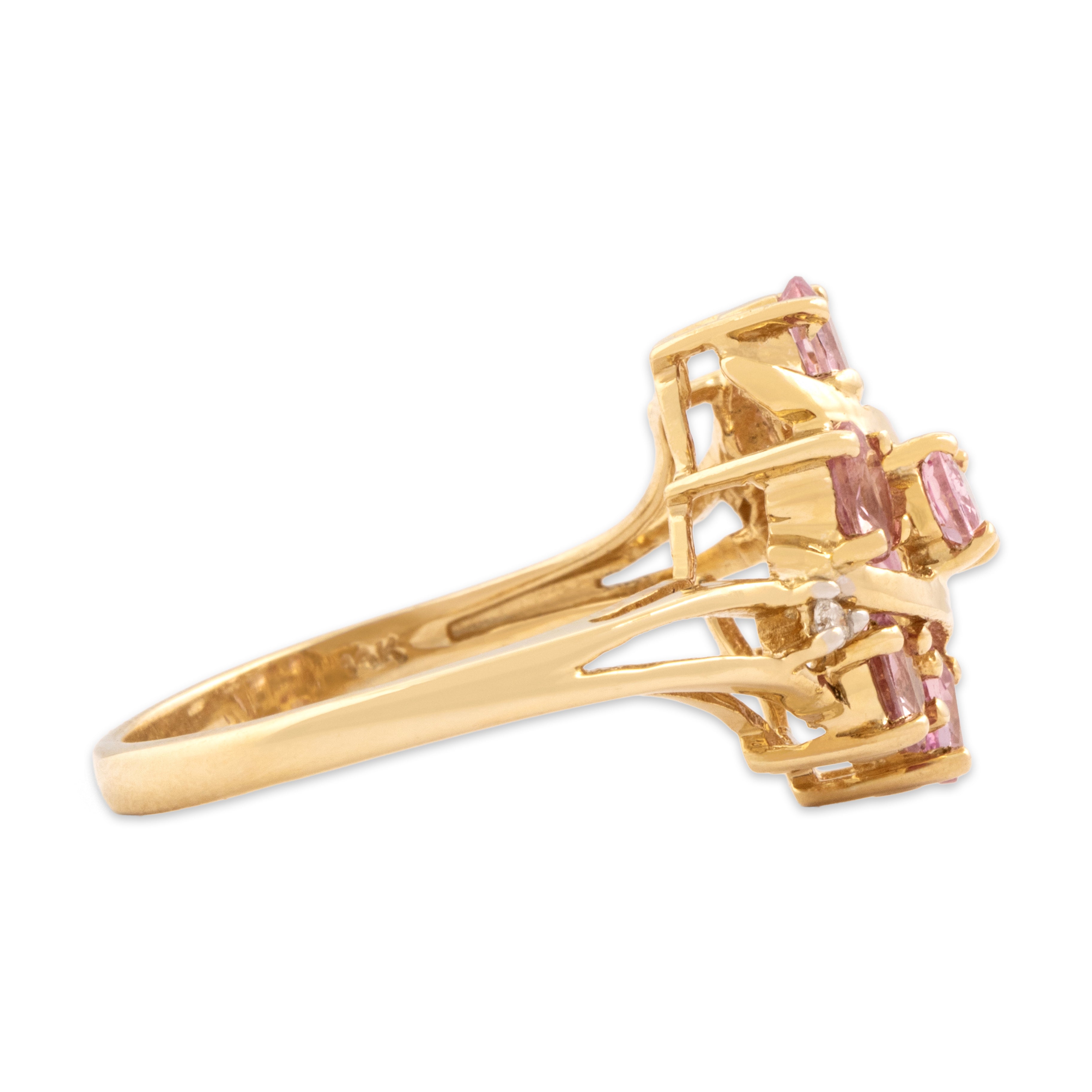 Vintage 14k Yellow Gold 1.19cttw Pink Sapphire Diamond Soft Sweeping Cluster Bypass Ring - Side view