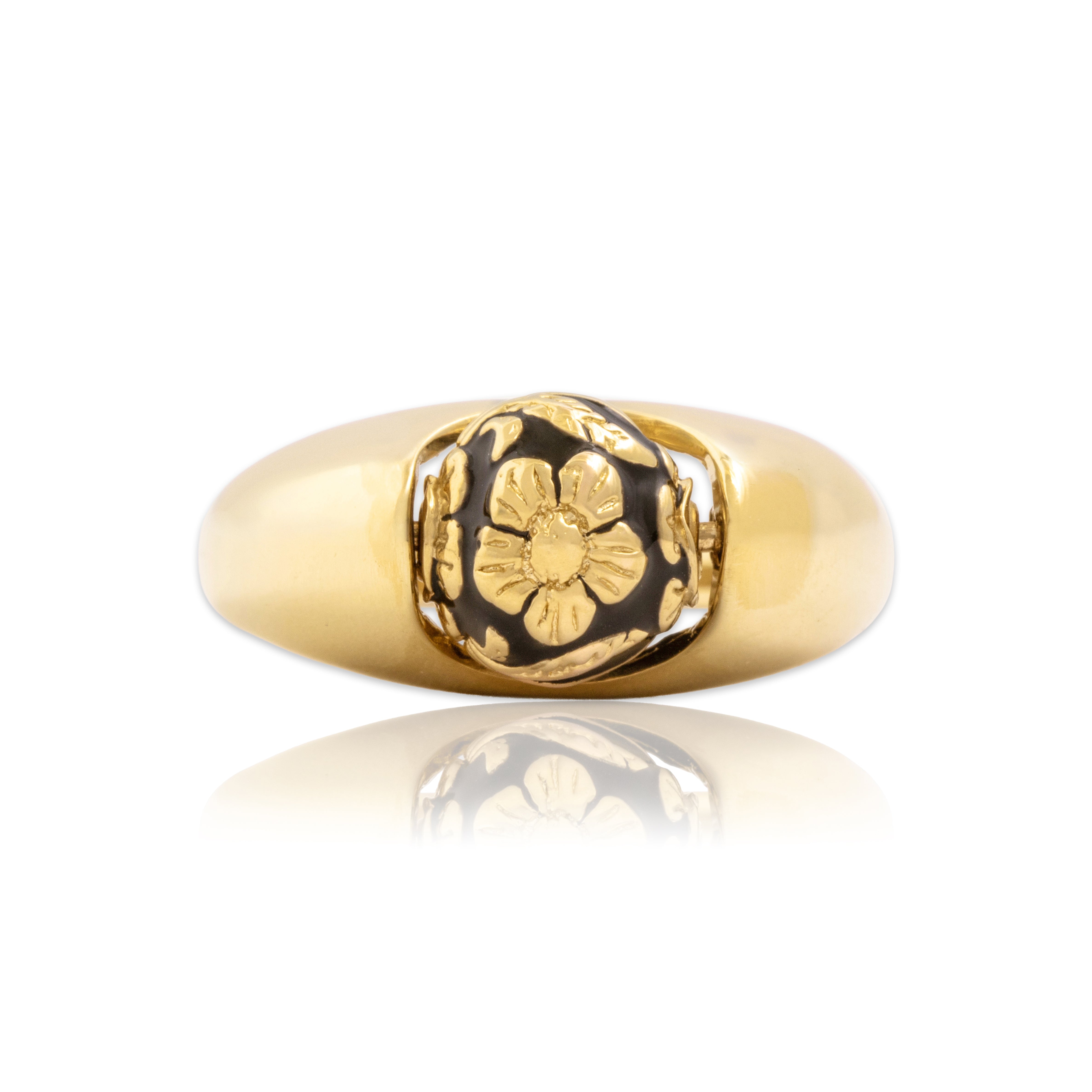Vintage 14k Yellow Gold Fabulous Spinning Floral Black Enamel Ring 9.25