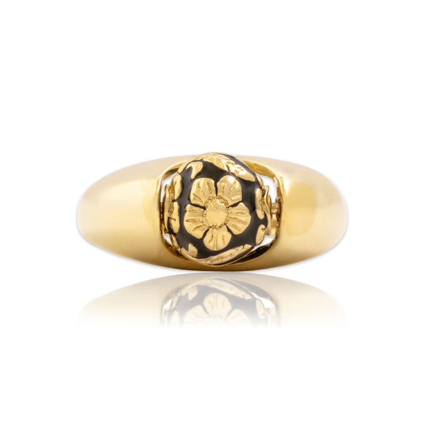 Vintage 14k Yellow Gold Fabulous Spinning Floral Black Enamel Ring 9.25