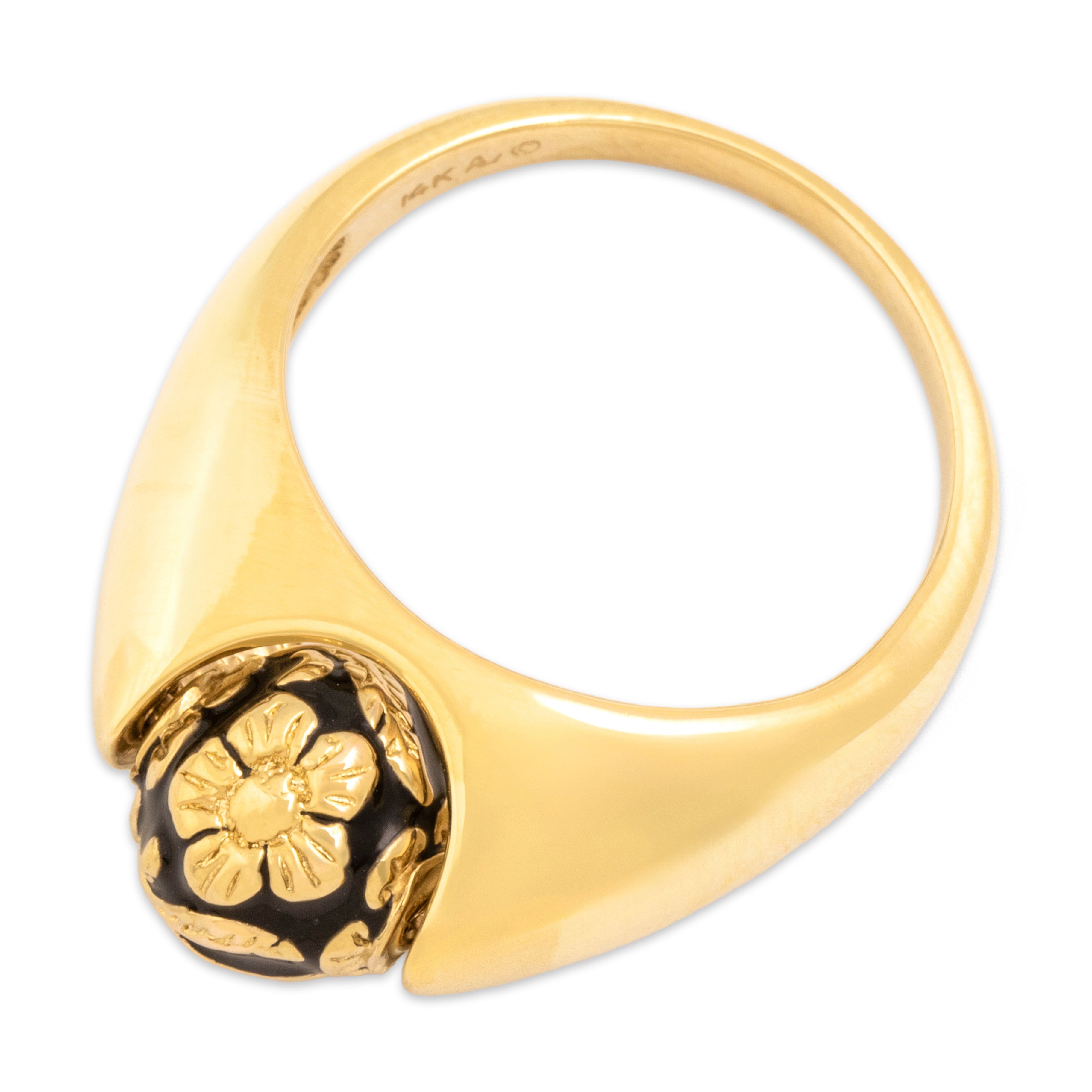 Vintage 14k Yellow Gold Fabulous Spinning Floral Black Enamel Ring 9.25