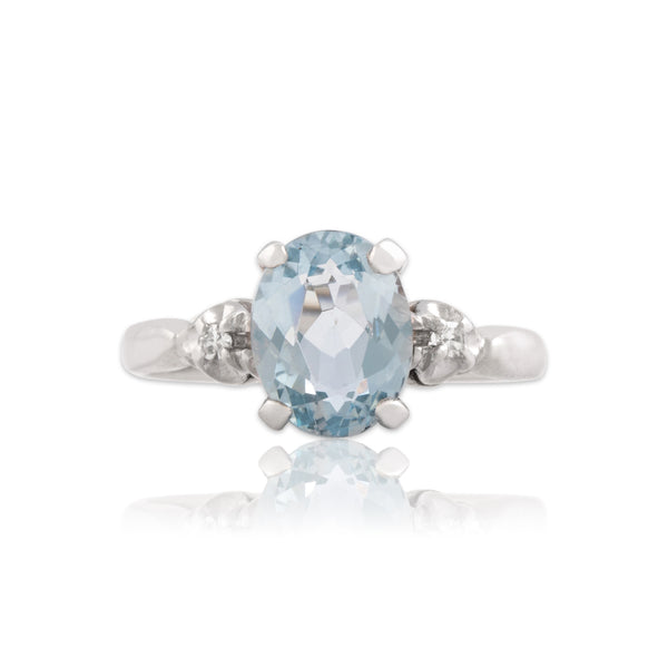 Vintage 14k White Gold 1.57ct Aquamarine Diamond Elegant Smooth Lines Ring 6.50