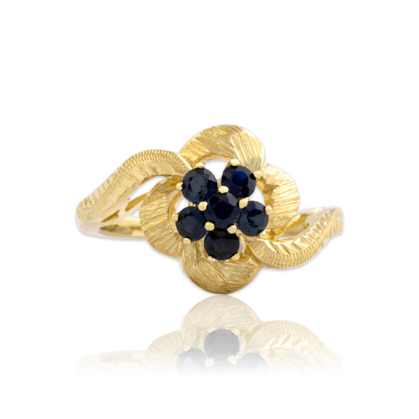 Vintage 14k Yellow Gold Blue Sapphire Feminine Textured Flower Bypass Ring 6.25