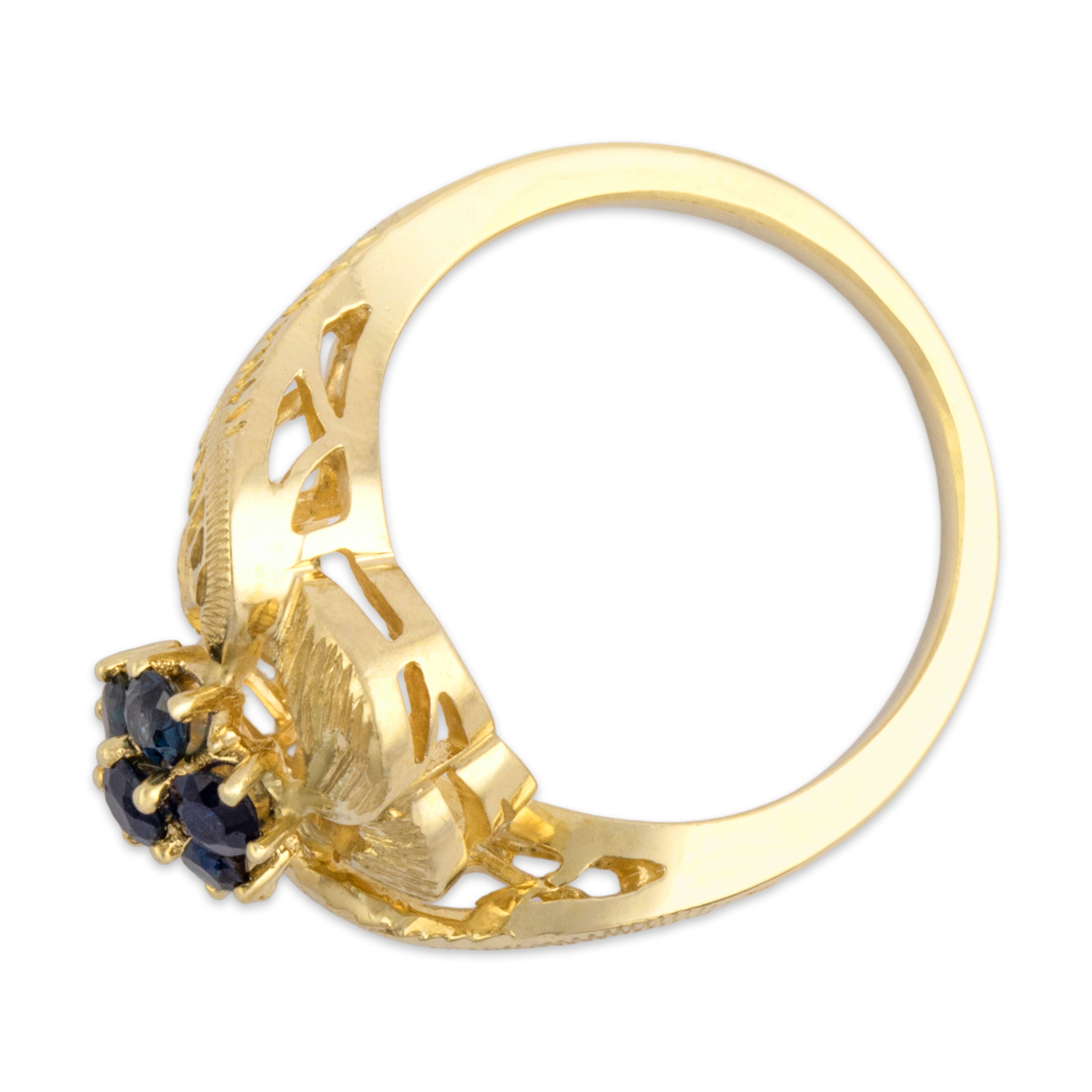 Vintage 14k Yellow Gold Blue Sapphire Feminine Textured Flower Bypass Ring - Overall view