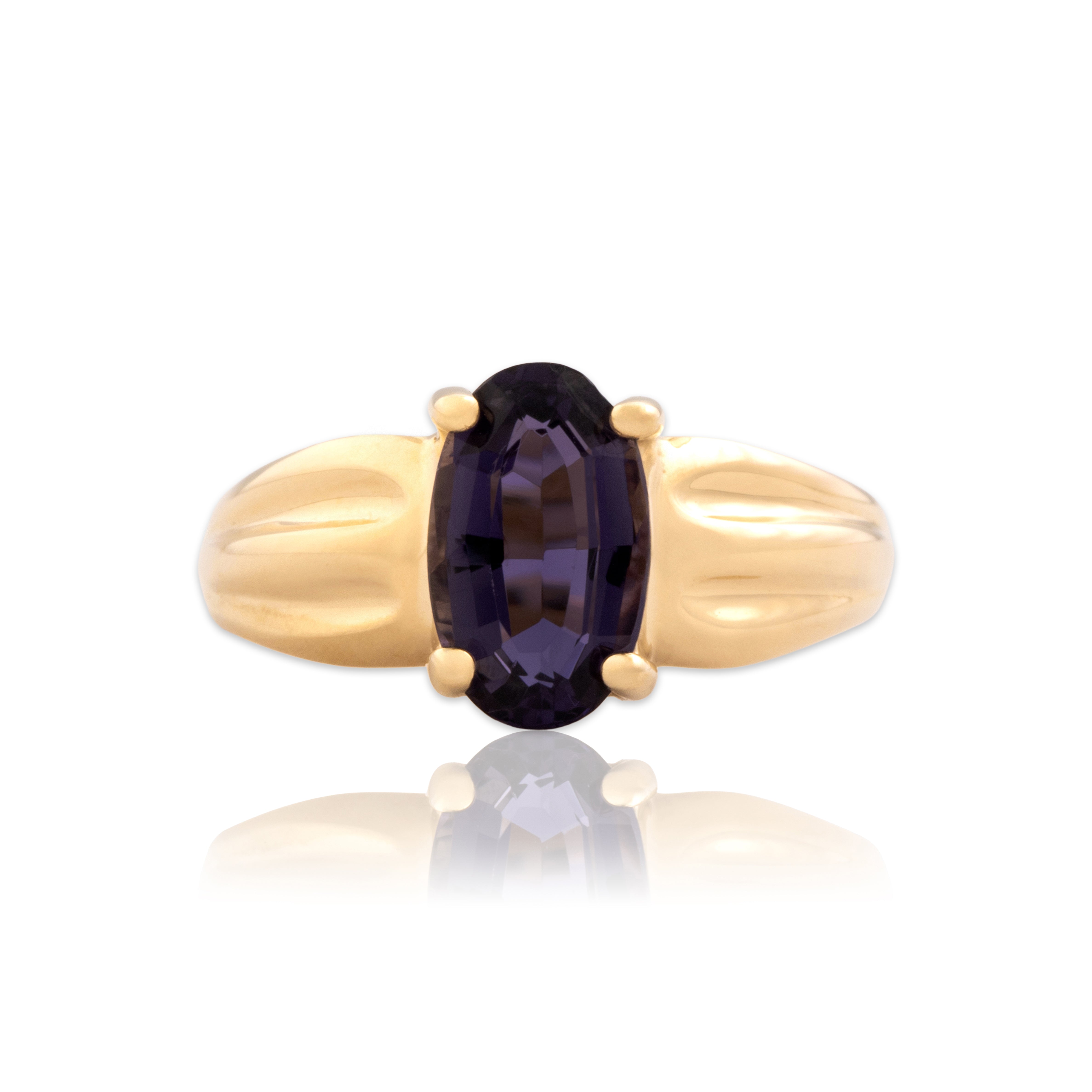 Vintage 14k Yellow Gold 1.28ct Iolite Solitaire Ribbed Shoulder Ring 6.50