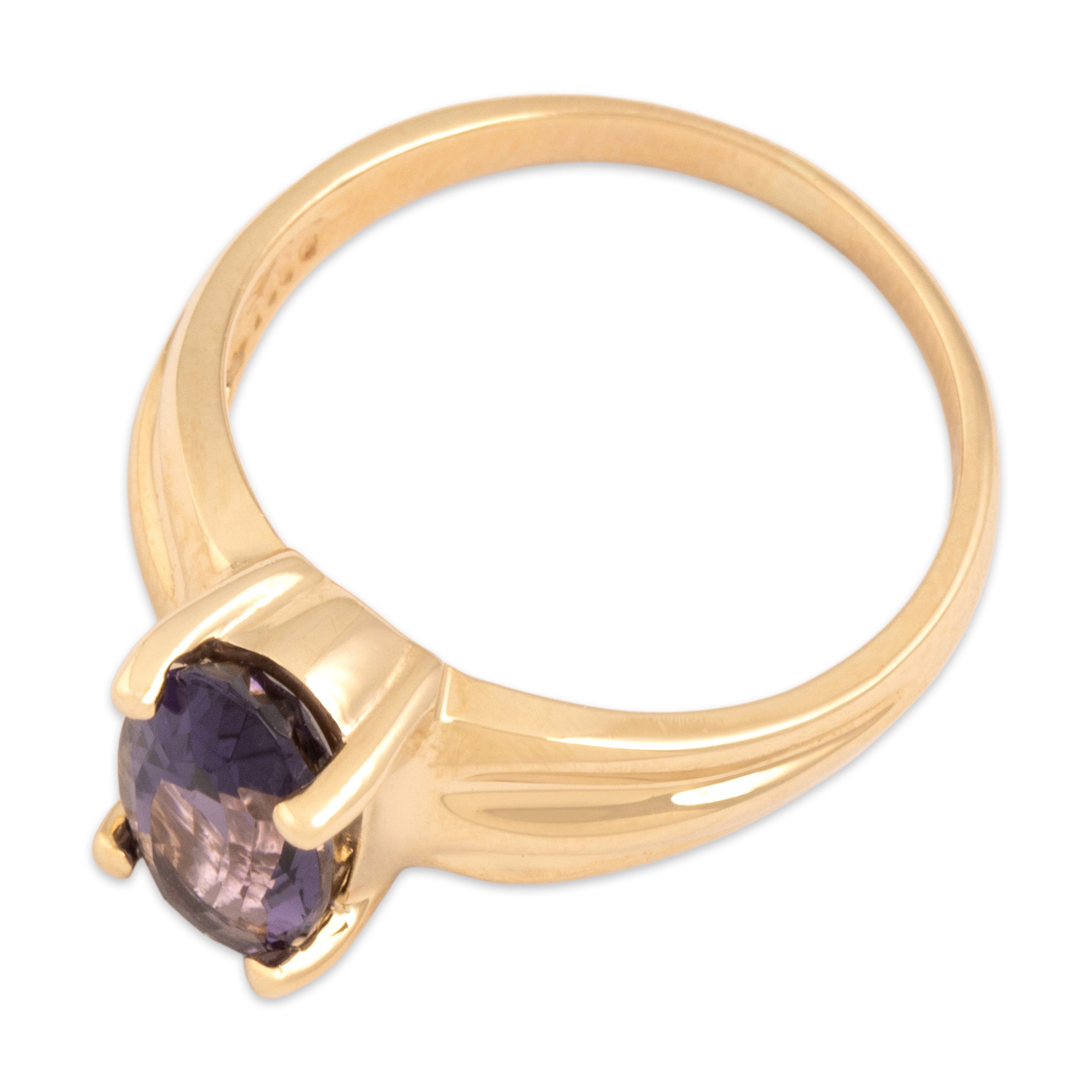 Vintage 14k Yellow Gold 1.28ct Iolite Elongated Solitaire Ribbed Shoulder Ring - Overall view