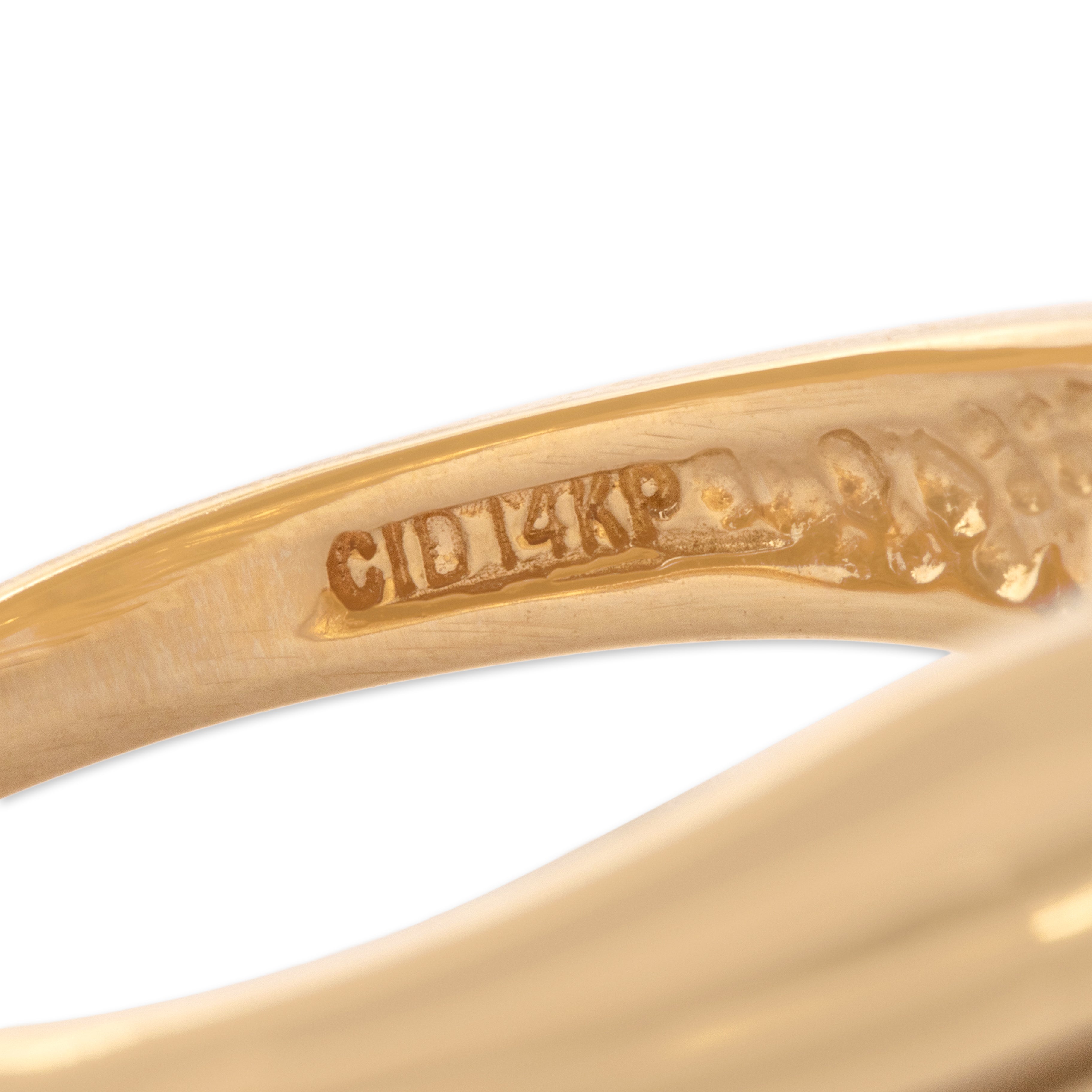 Vintage 14k Yellow Gold 1.28ct Iolite Elongated Solitaire Ribbed Shoulder Ring - Hallmark view