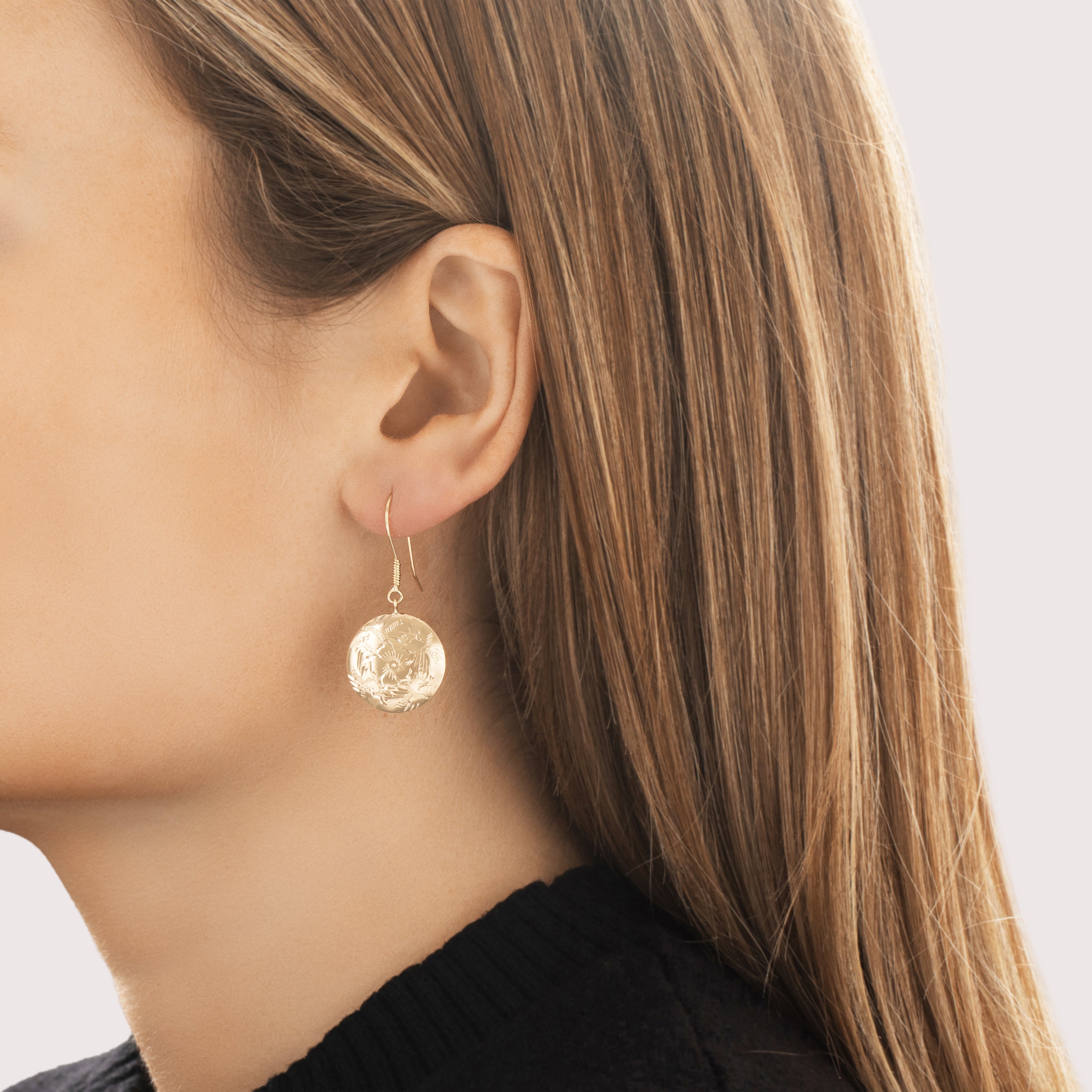 Vintage 14k Yellow Gold Floral Engraved Discs Dangle Earrings - On model view
