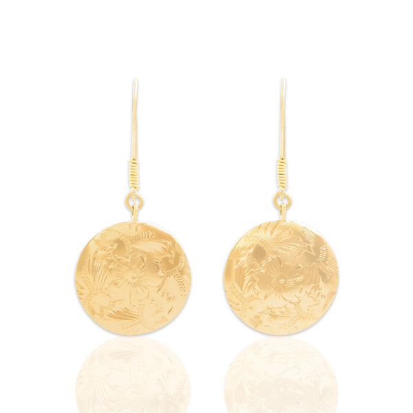 Vintage 14k Yellow Gold Floral Engraved Discs Dangle Earrings