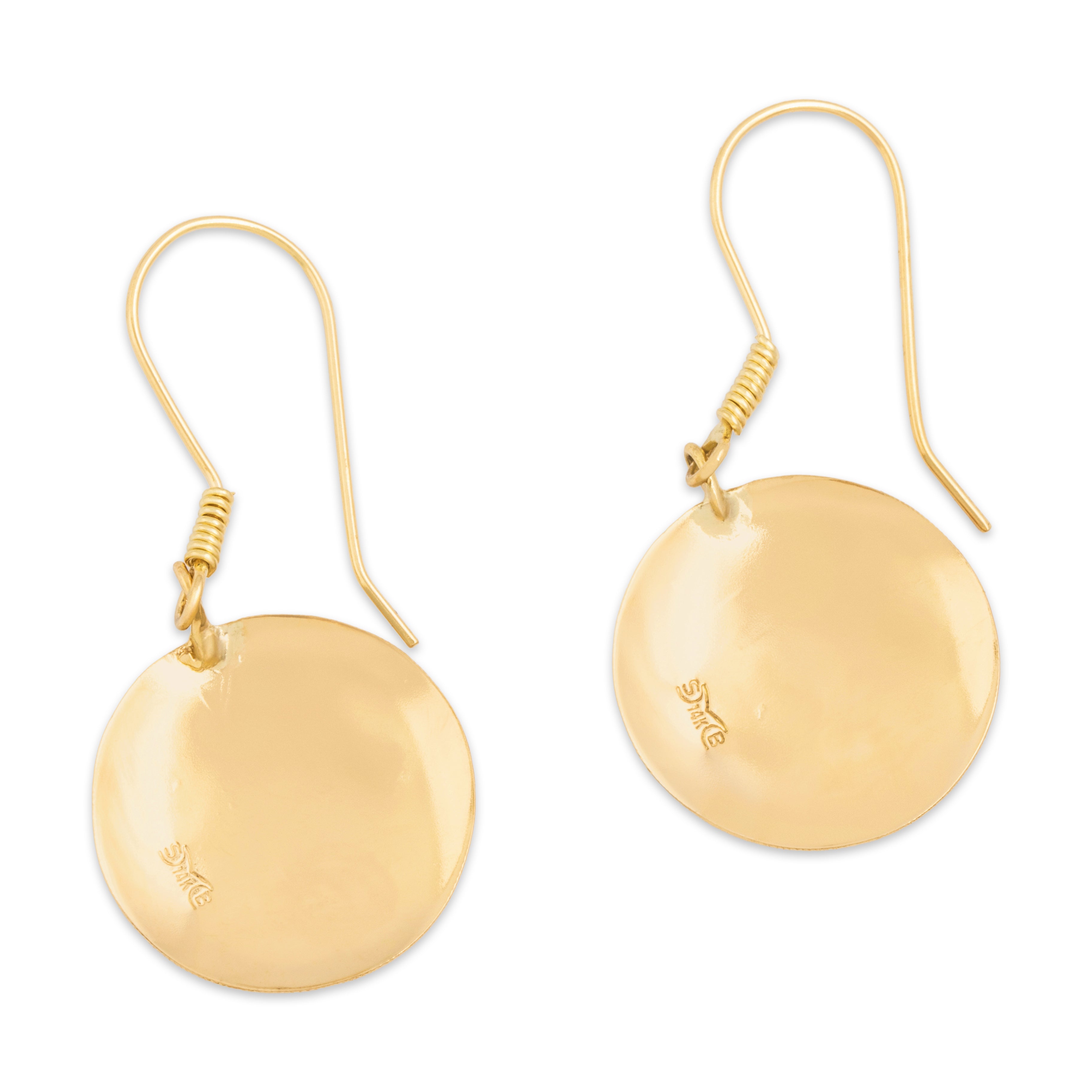Vintage 14k Yellow Gold Floral Engraved Discs Dangle Earrings