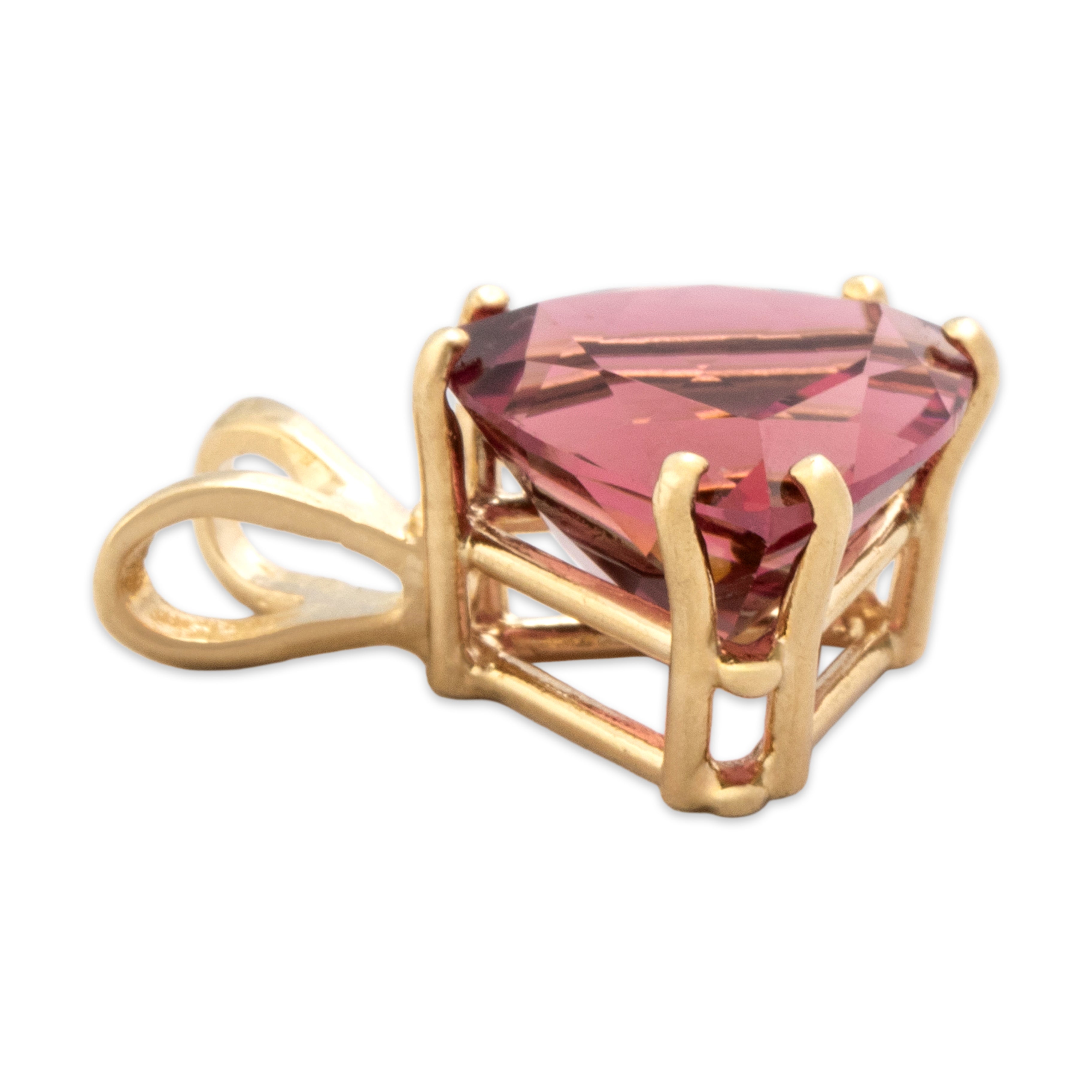 Vintage 14k Yellow Gold 2.42ct Pink Tourmaline Striking Double Pronged Modified Trillion Pendant - Side view