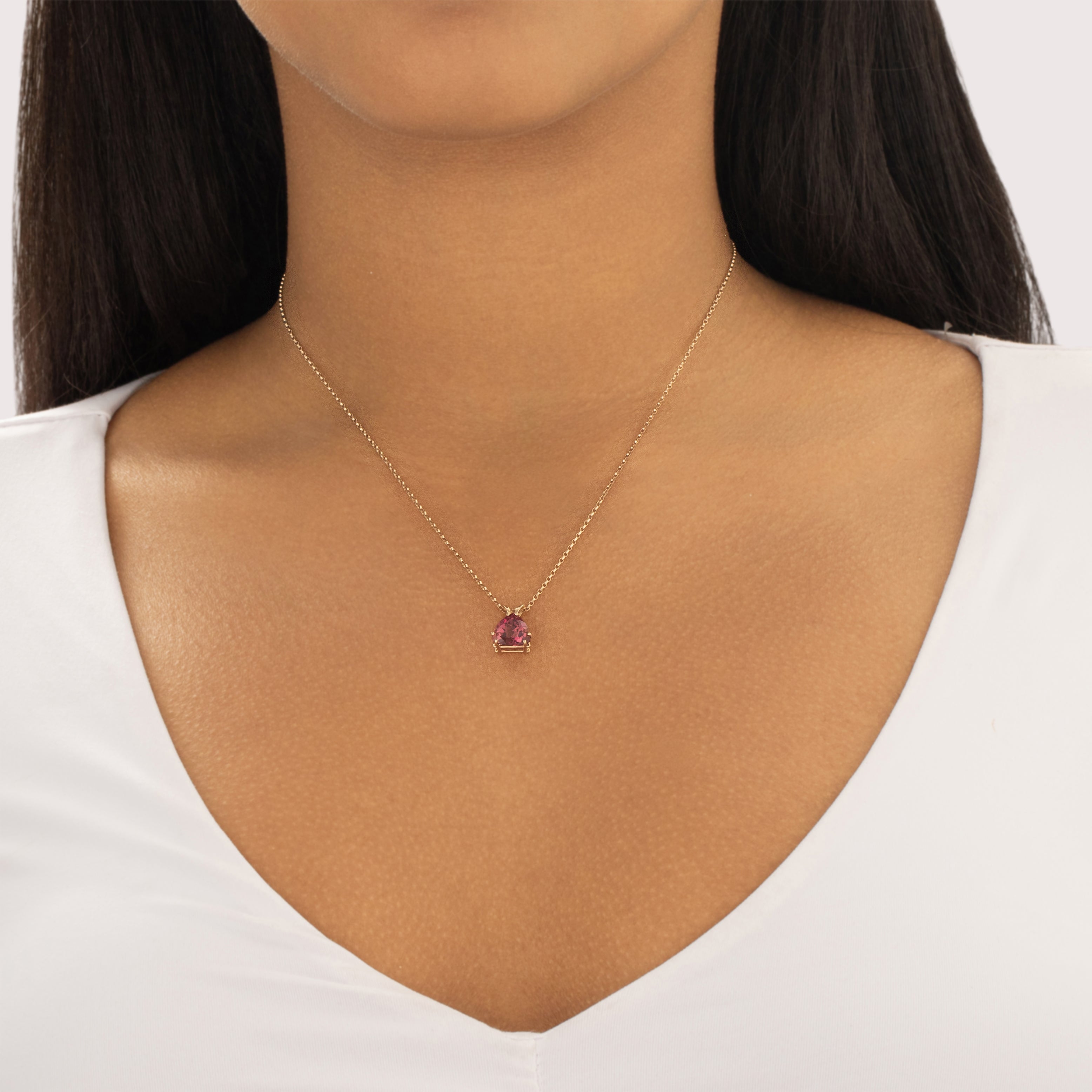 Vintage 14k Yellow Gold 2.42ct Pink Tourmaline Striking Double Pronged Modified Trillion Pendant - On model view