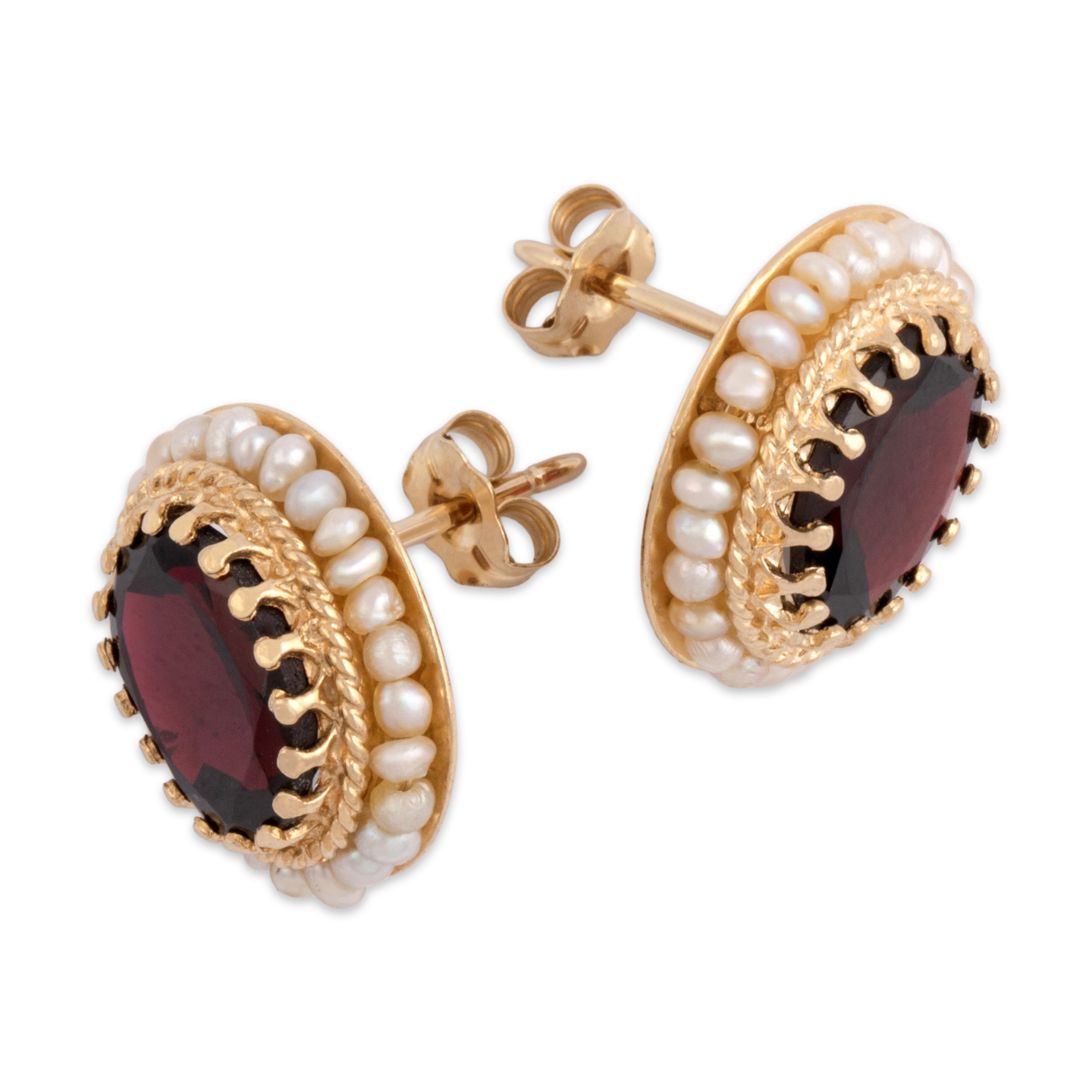 Vintage Large 14k Yellow Gold 6.01cttw Garnet Seed Pearl Luminous Oval Halo Stud Earrings - Overall view