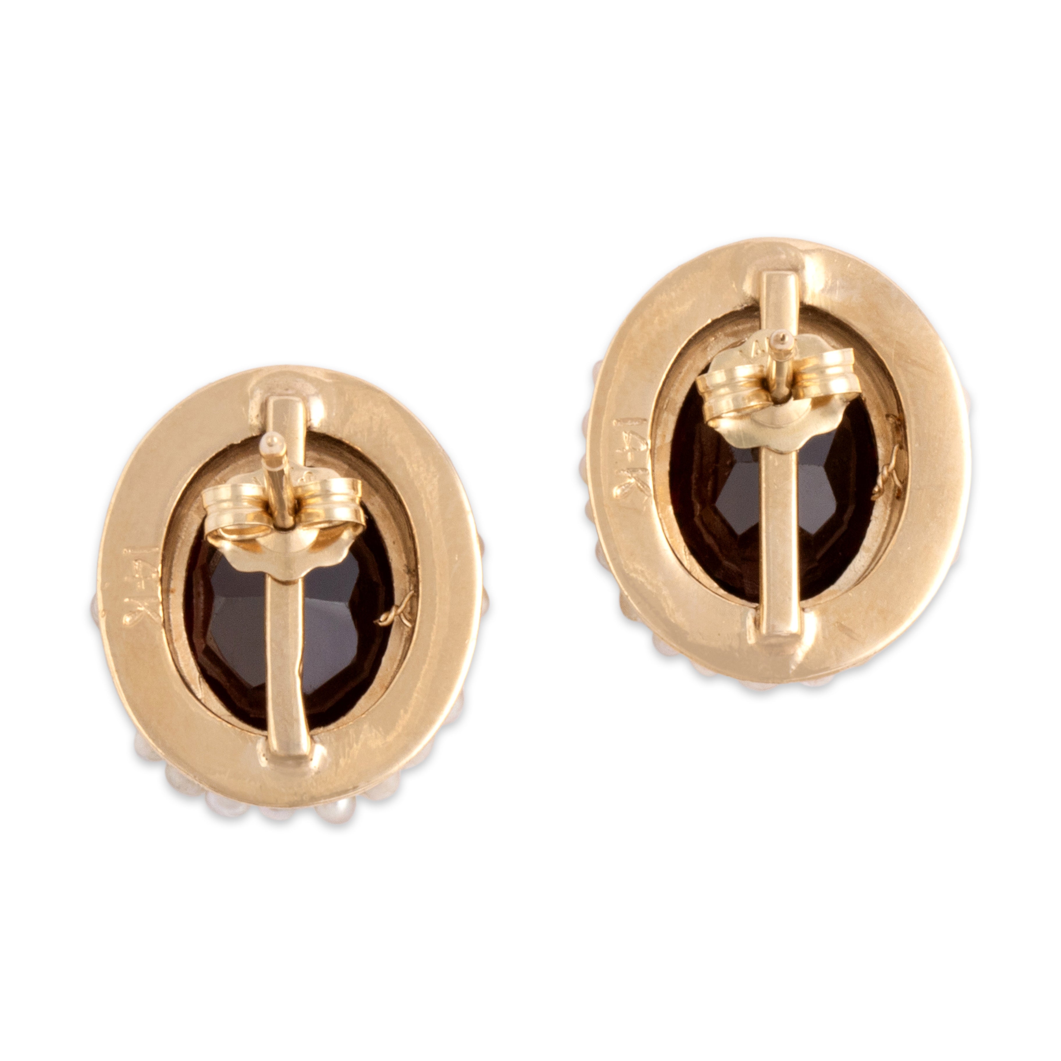 Vintage Large 14k Yellow Gold 6.01cttw Garnet Seed Pearl Luminous Oval Halo Stud Earrings - Back view