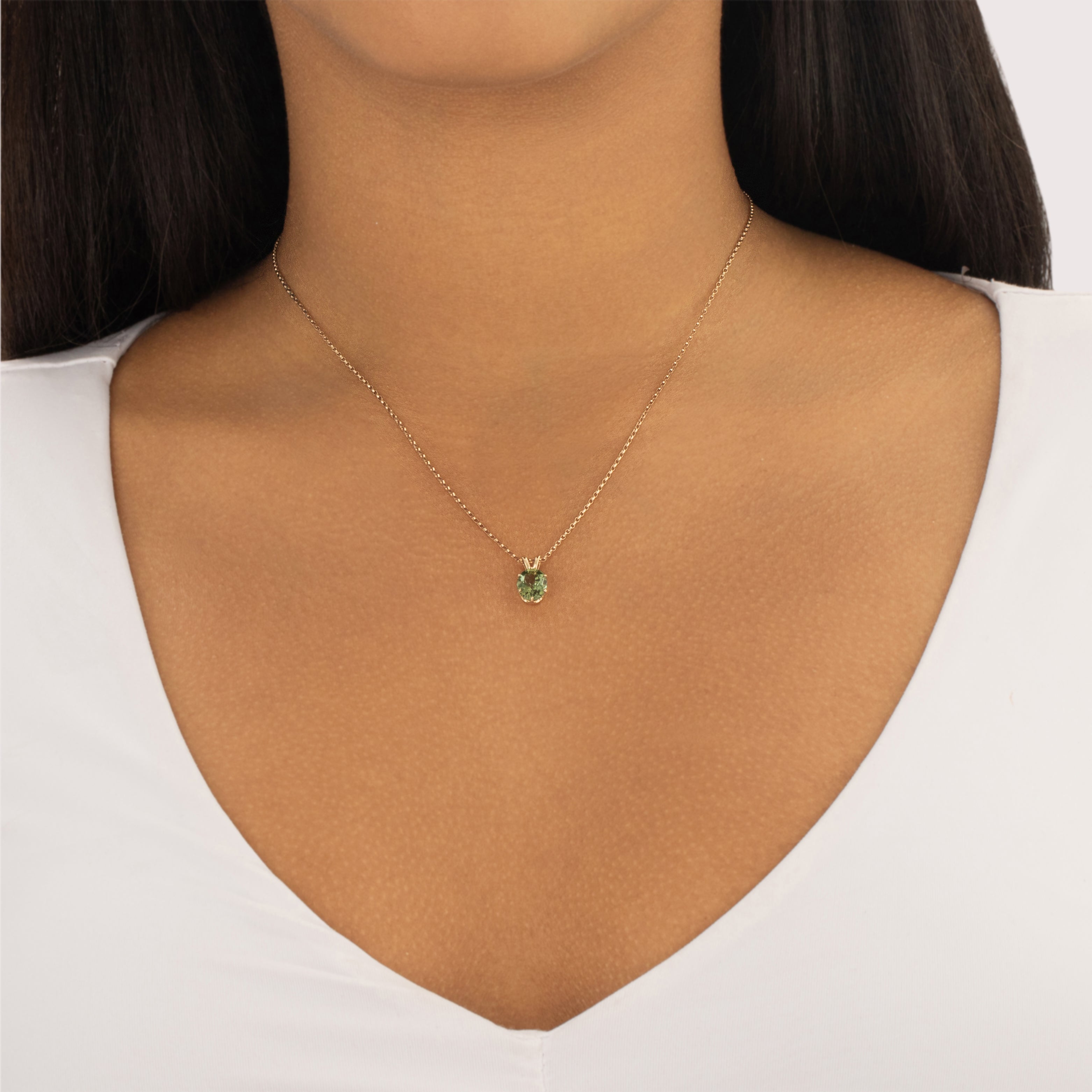 Vintage 14k Yellow Gold 1.74ct Green Tourmaline Chic Six Prong Solitaire Pendant - On model view