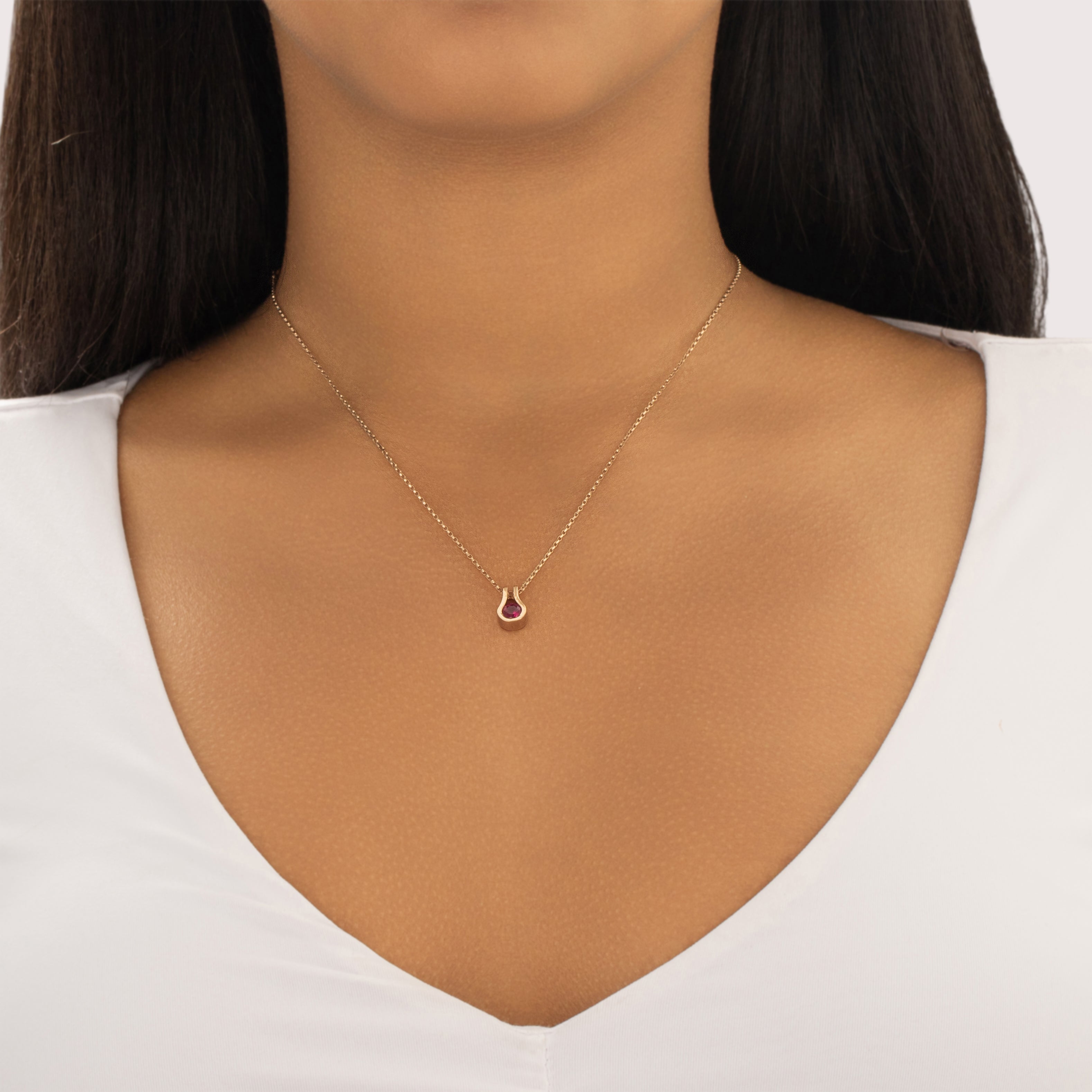 Vintage 14k Yellow Gold .56ct Ruby Modern Sleek Curved Pendant - On model view