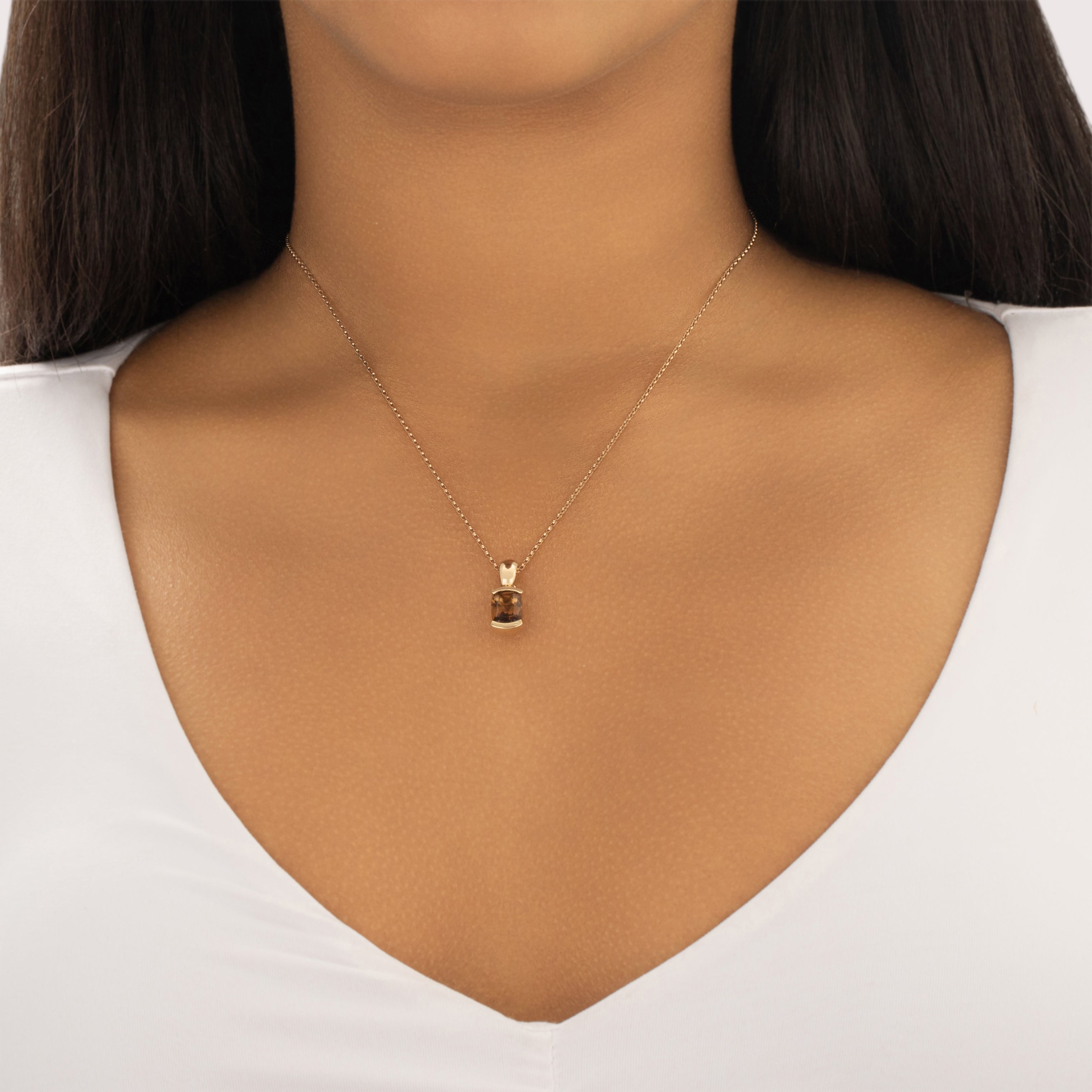 Vintage 14k Yellow Gold 2.08ct Smoky Citrine Chunky Modern Curved Clutch Pendant - On model view