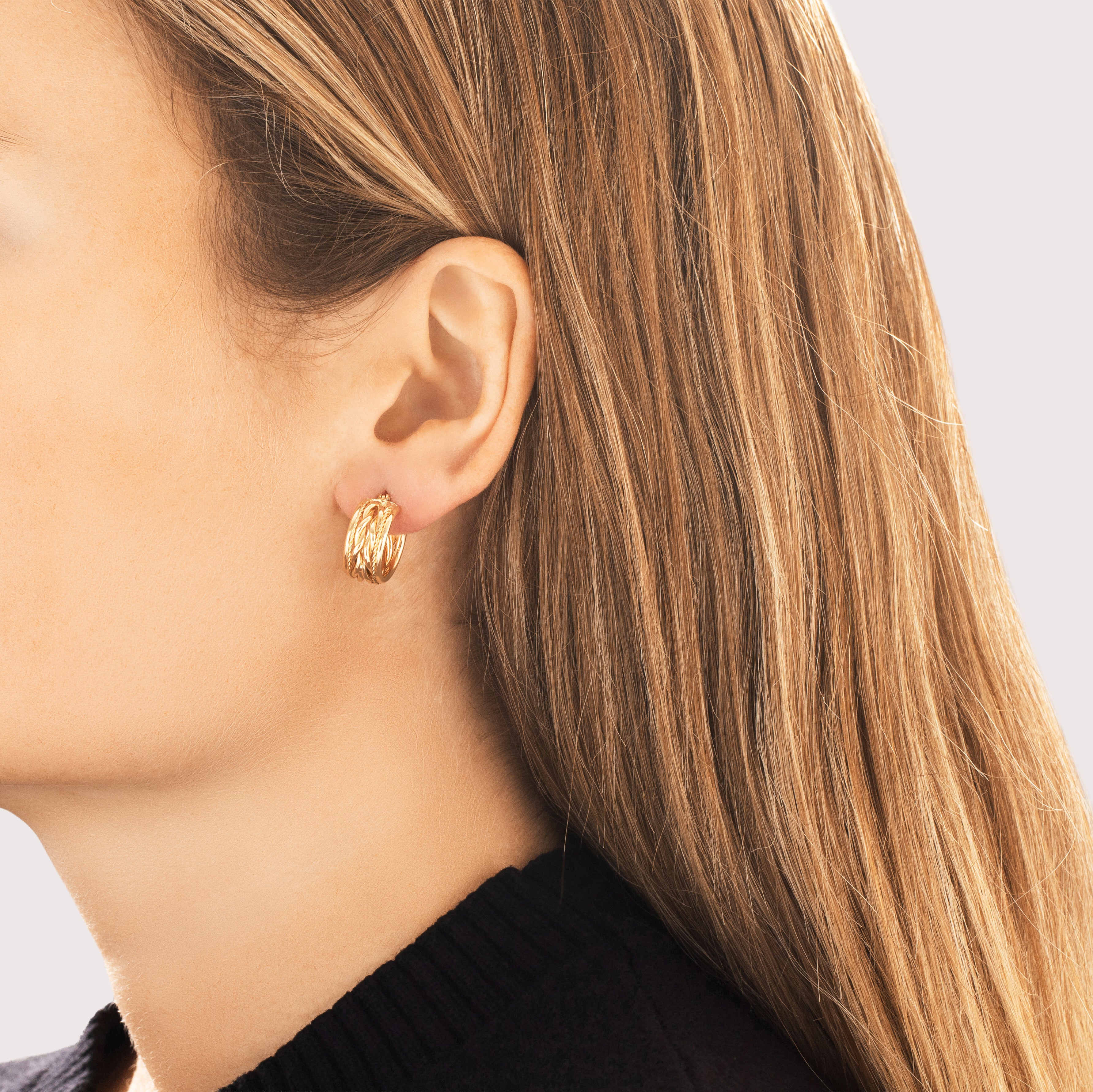 Vintage 14k Yellow Gold Elaborate Braided Rope Hoop Earrings - On model view