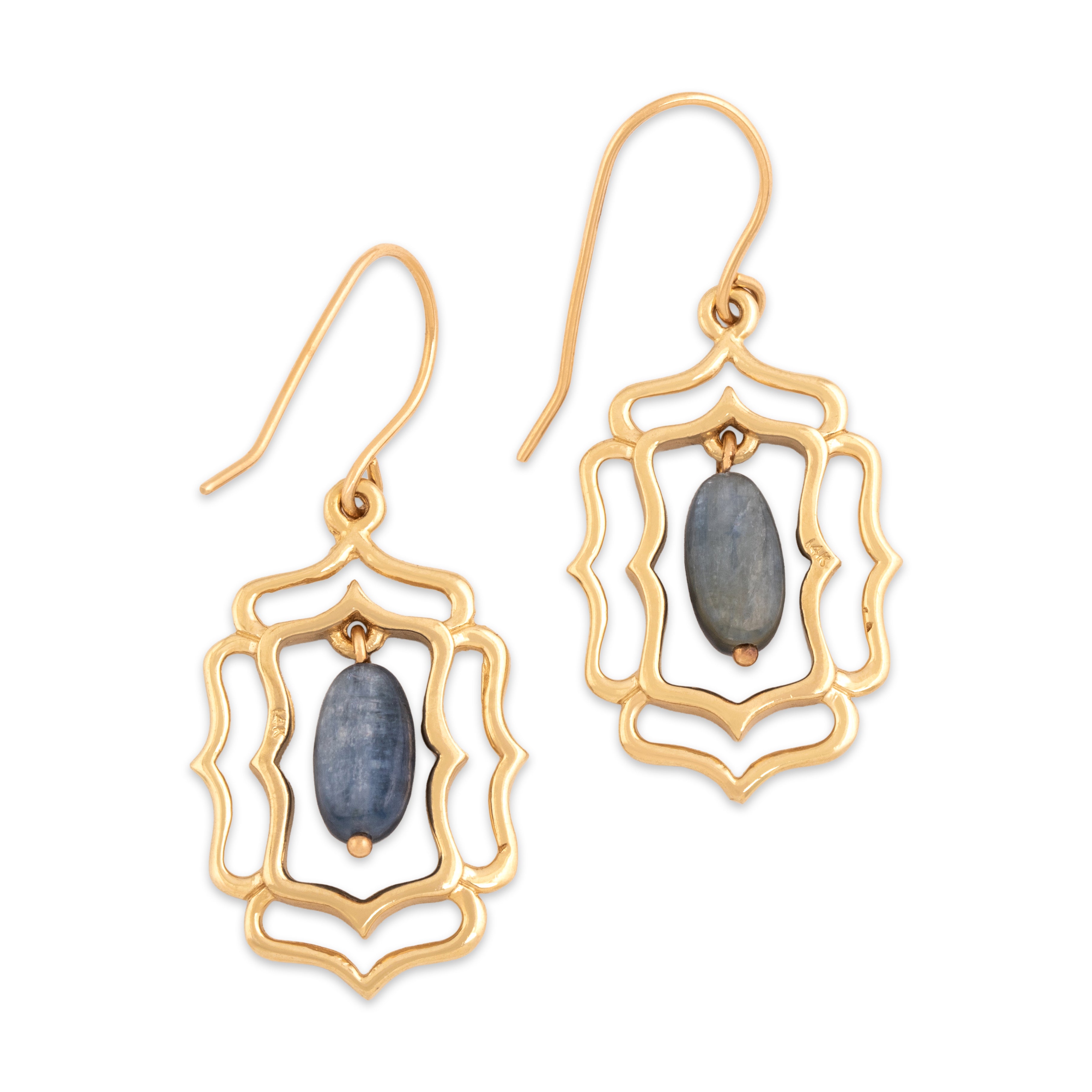 Vintage 14k Yellow Gold 3.55cttw Kyanite Delicate Scalloped Filigree Frame Dangle Earrings - Back view