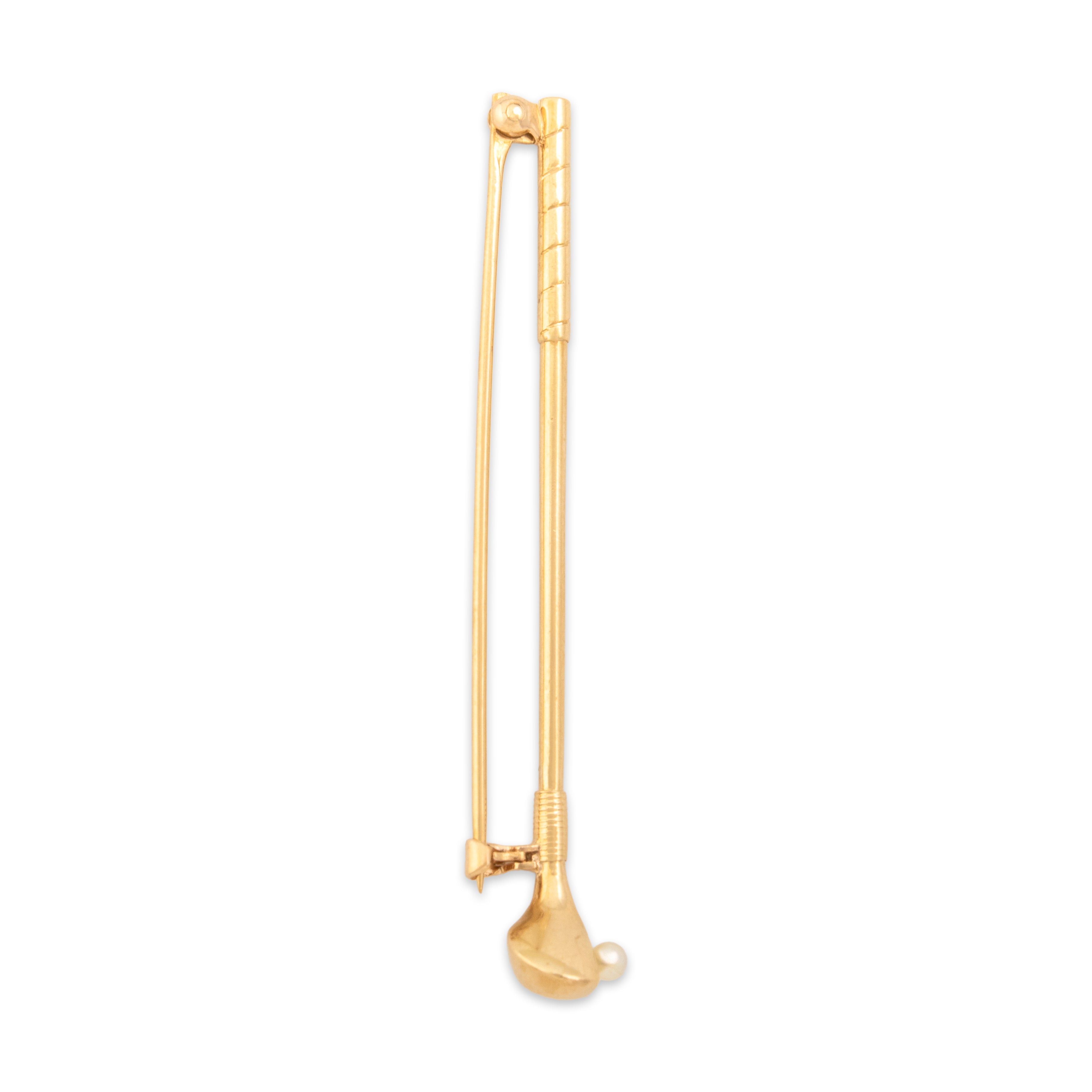 Vintage Mid-Century 14k Yellow Gold Pearl Golf Club Driver Brooch / Pin - Side view