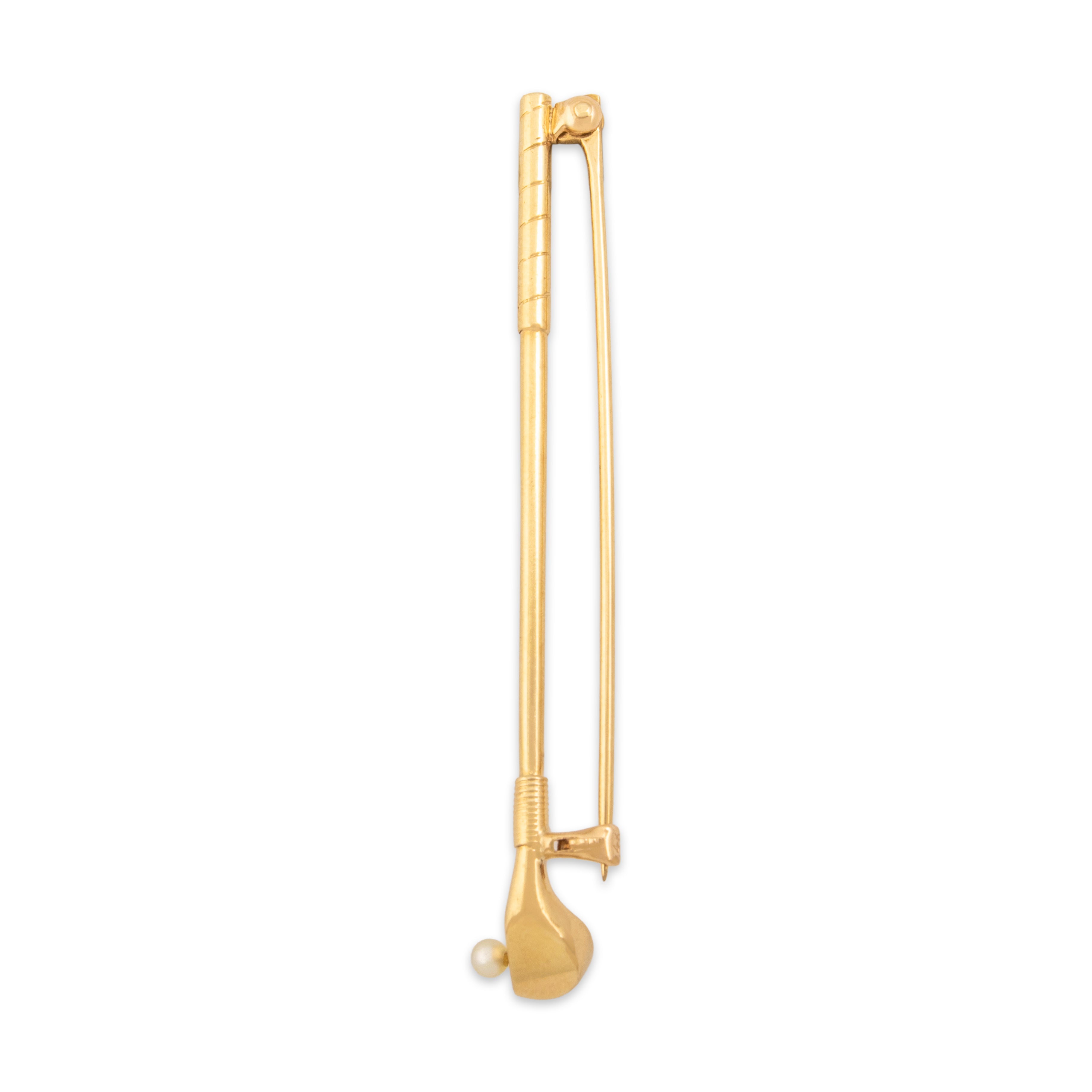 Vintage Mid-Century 14k Yellow Gold Pearl Golf Club Driver Brooch / Pin - Side view