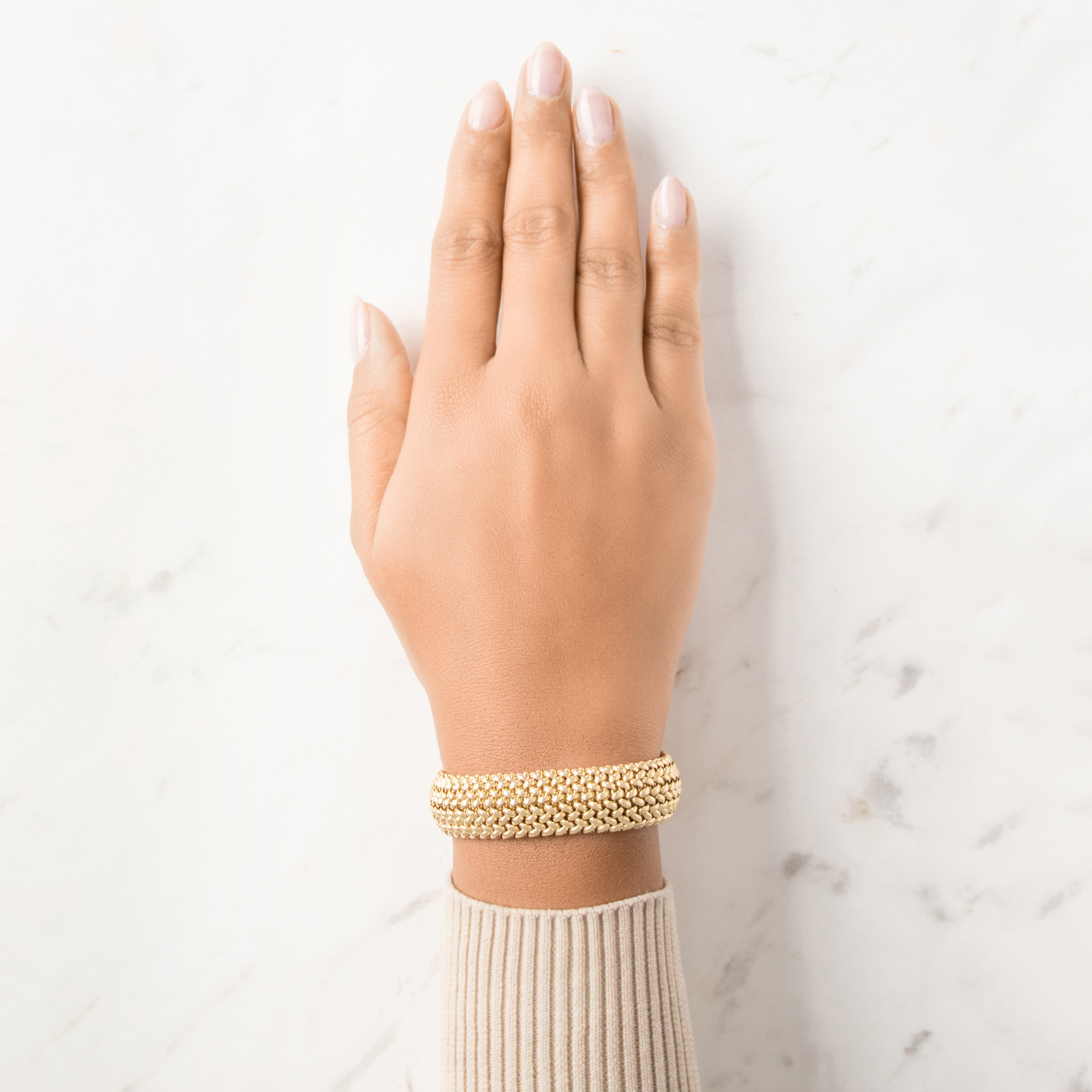 Vintage Italian 14k Yellow Gold Wide Gleaming Woven Link Bracelet - On model view