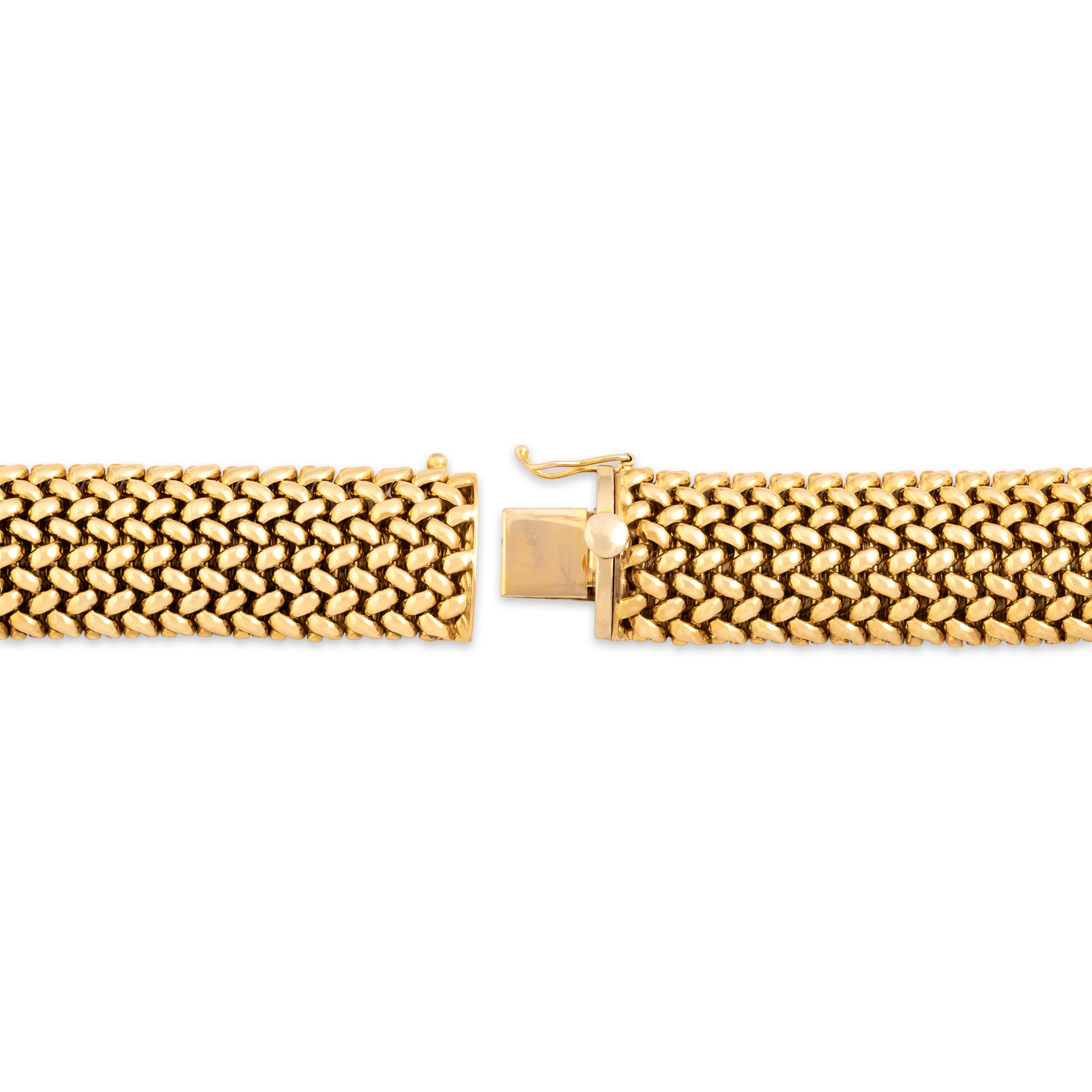 Vintage Italian 14k Yellow Gold Wide Gleaming Woven Link Bracelet - clasp view