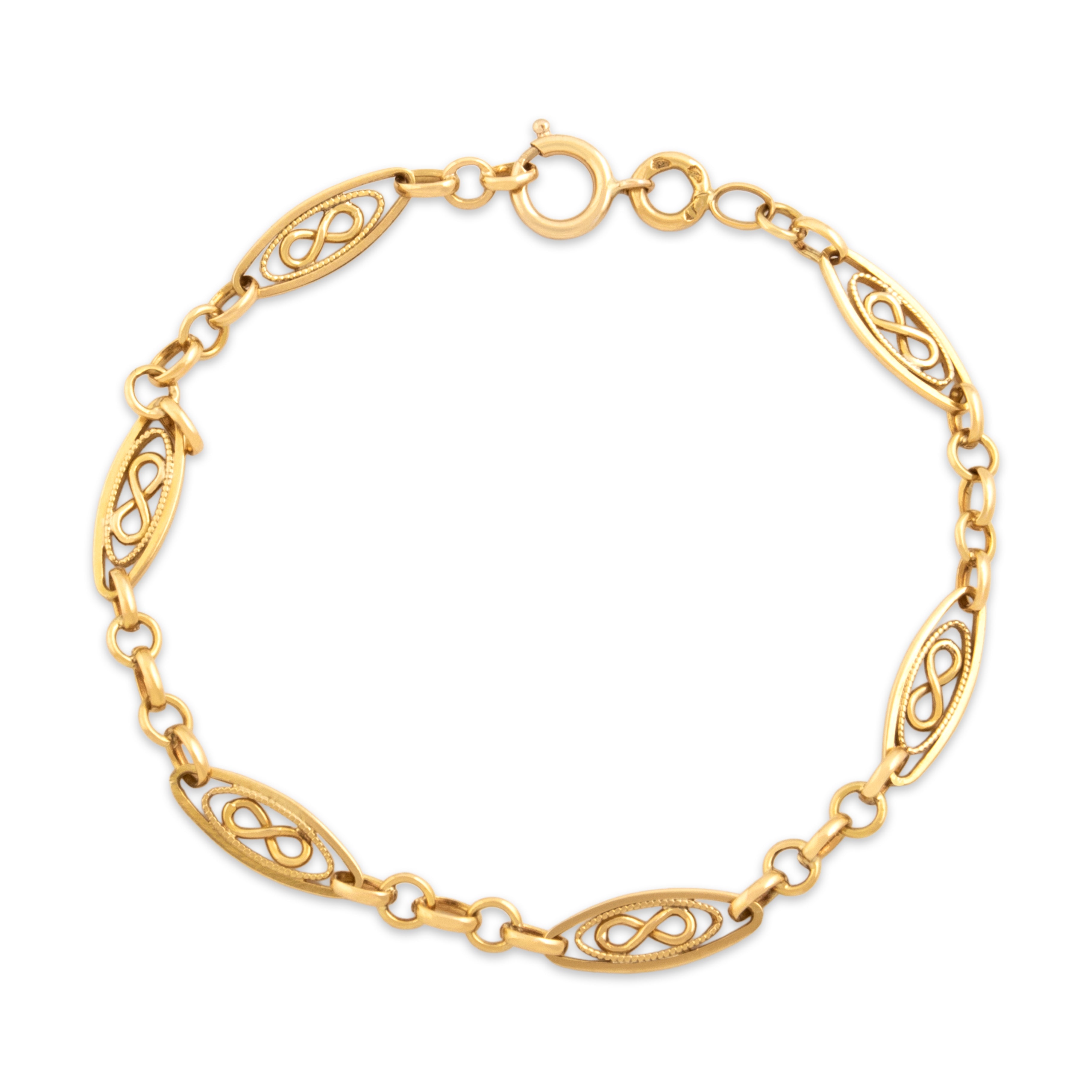 Vintage French 18k Yellow Gold Infinity Detail Milgrain Link Bracelet - Close-up view