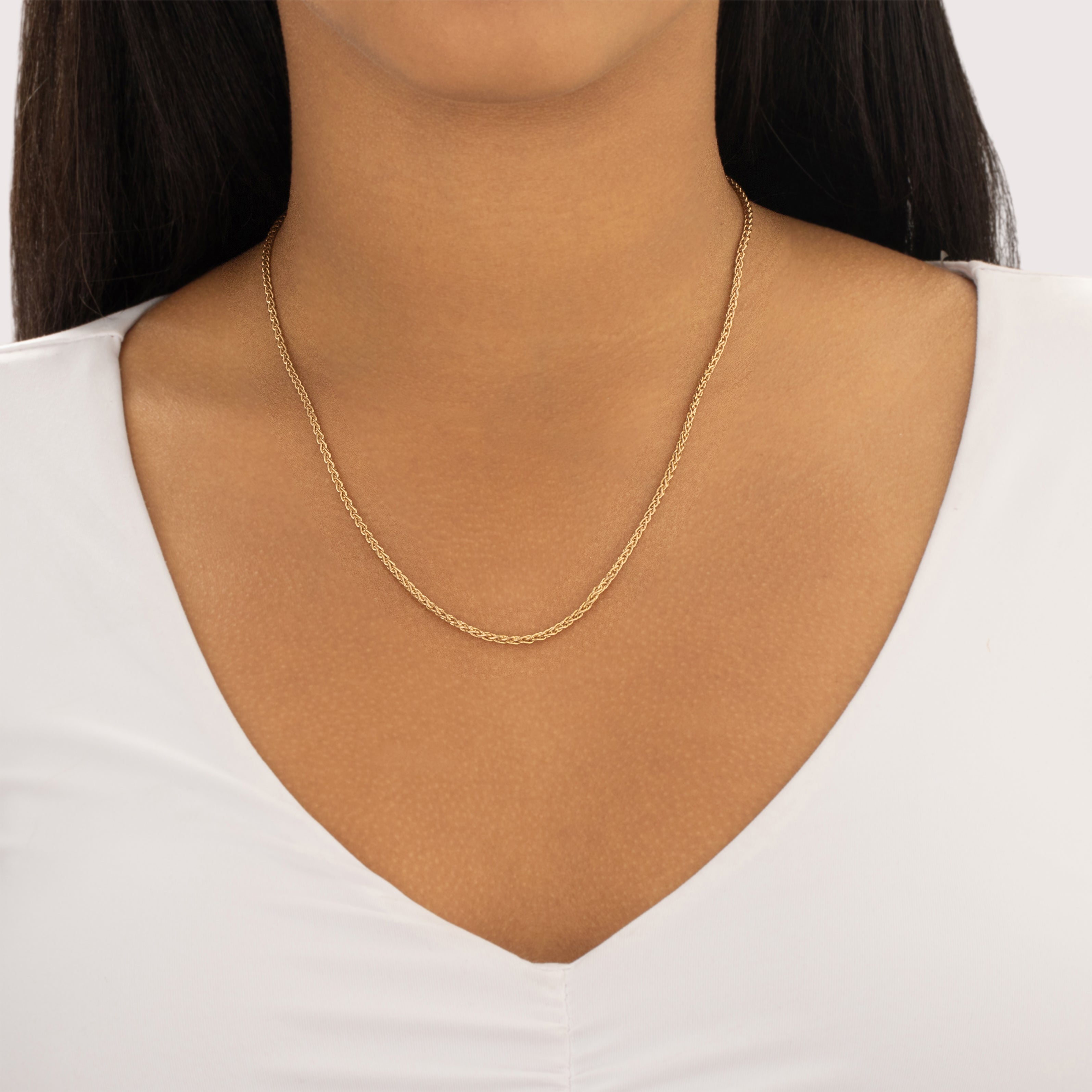 Vintage Italian 14k Yellow Gold 2mm Gleaming Dimensional Wheat Chain - On model view